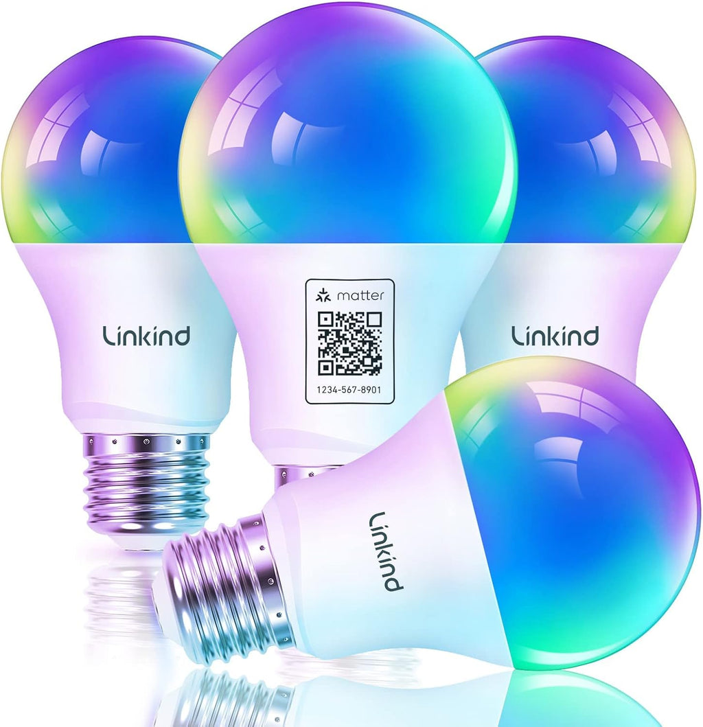 Matter Smart Light Bulb, 1600LM RGBTW Color Changing, Music Sync, Wi-Fi A21 E26, 4-Pack