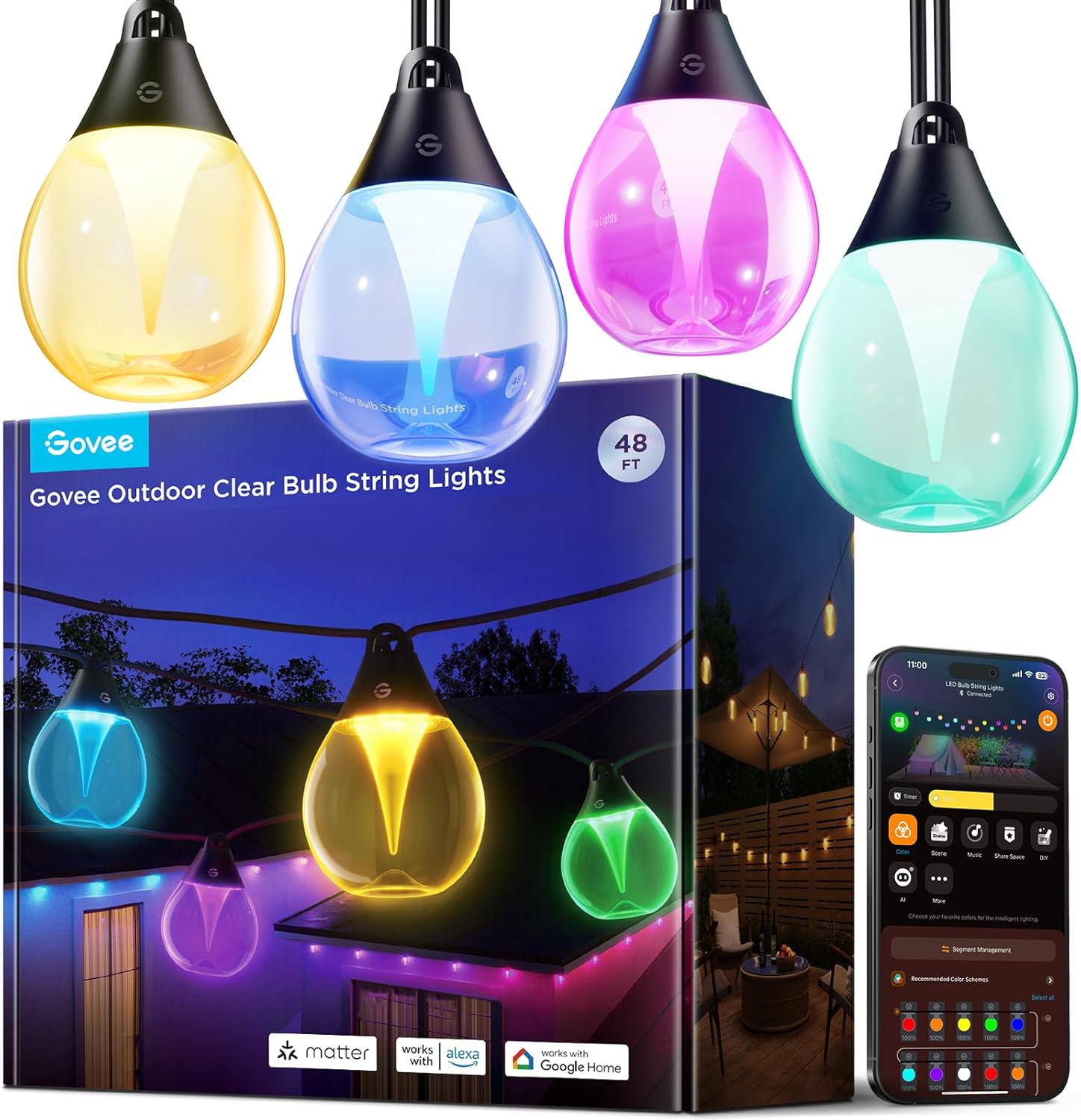 96ft Outdoor RGBWIC String Lights with 30 Dimmable LED Bulbs, 111 Scene Modes, IP67 Waterproof