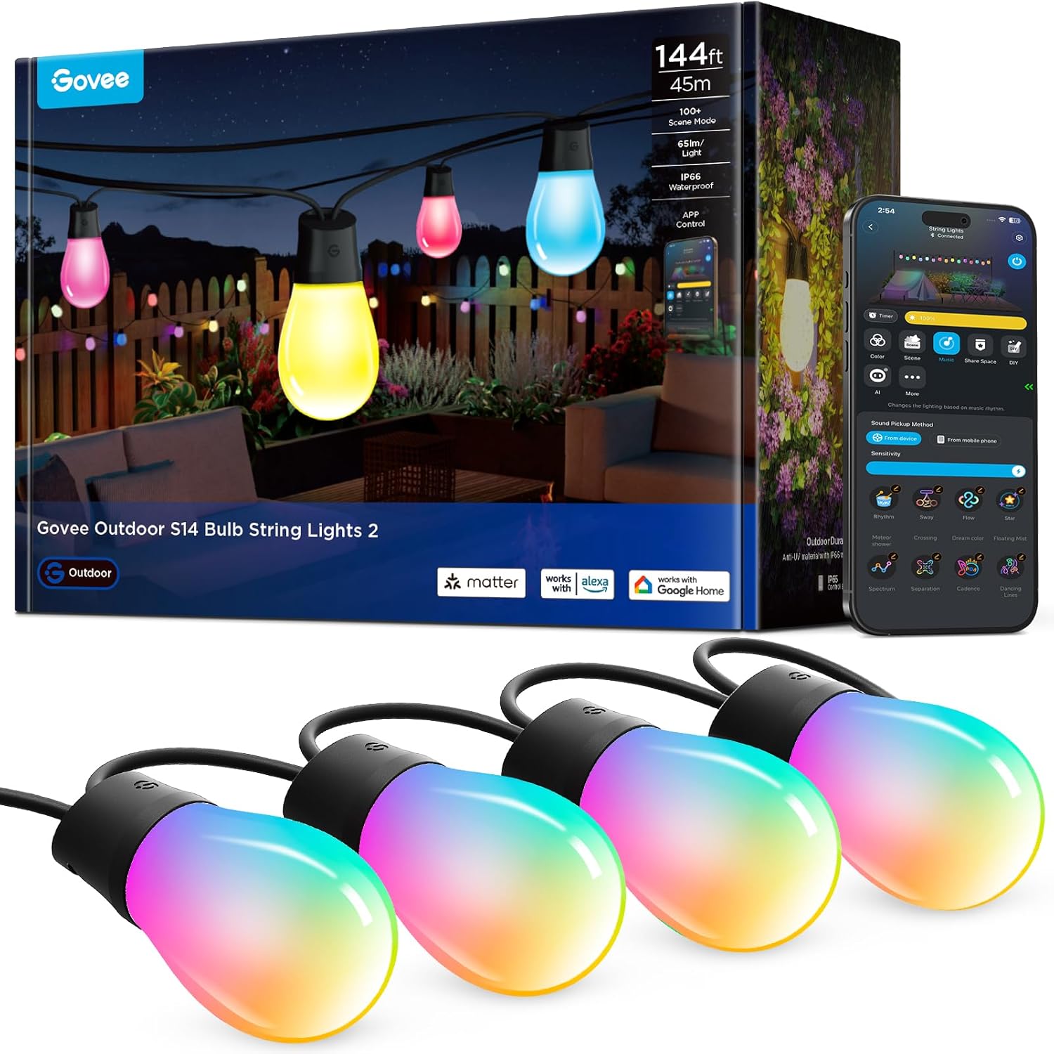 96ft Smart RGBIC Outdoor String Lights with 30 LED Bulbs, 111 Scene Modes, Alexa & Google Voice Control