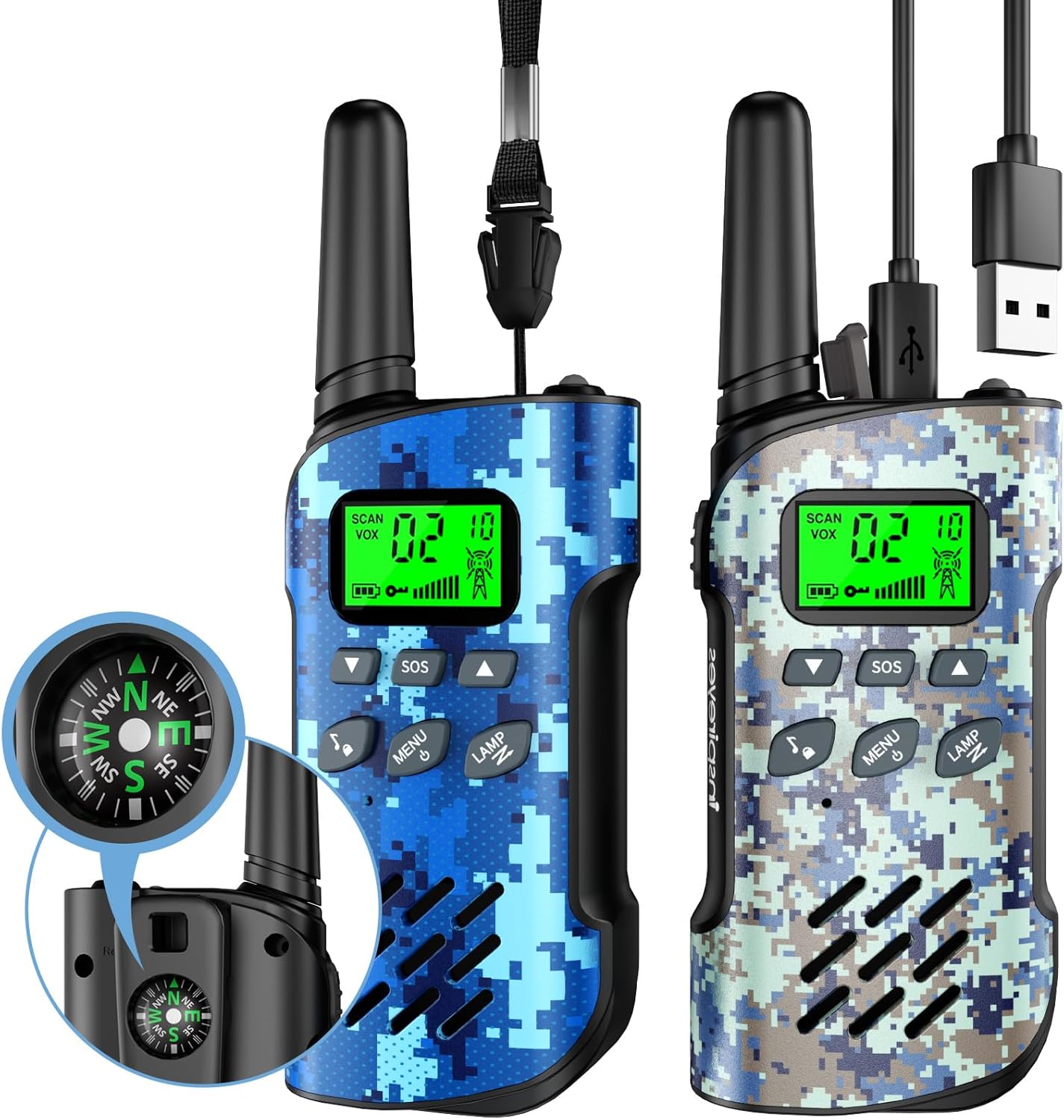 Rechargeable Kids Walkie Talkies 2-Pack, Long Range 2-Way Radios with 22 Channels