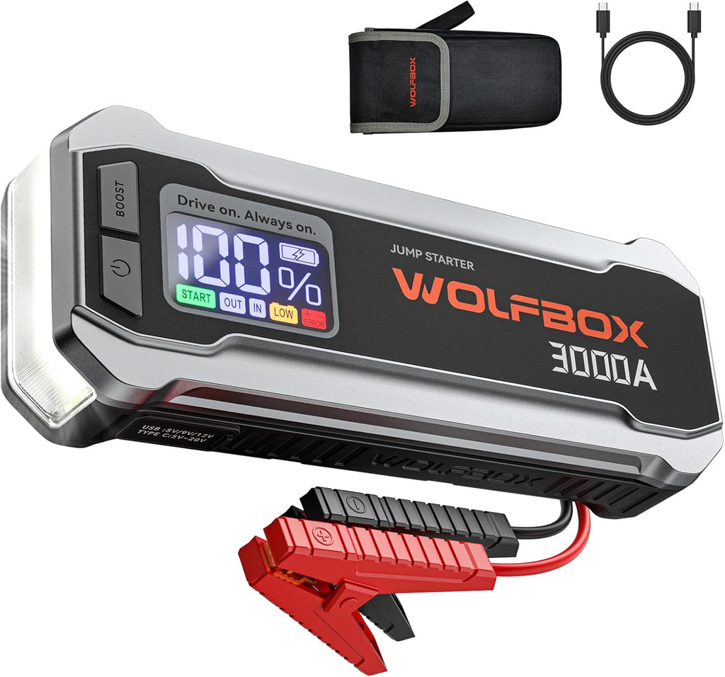 4000A 24000mAh Portable Jump Starter with 65W Quick Charger, LED Display & Flashlight for 12V Vehicles