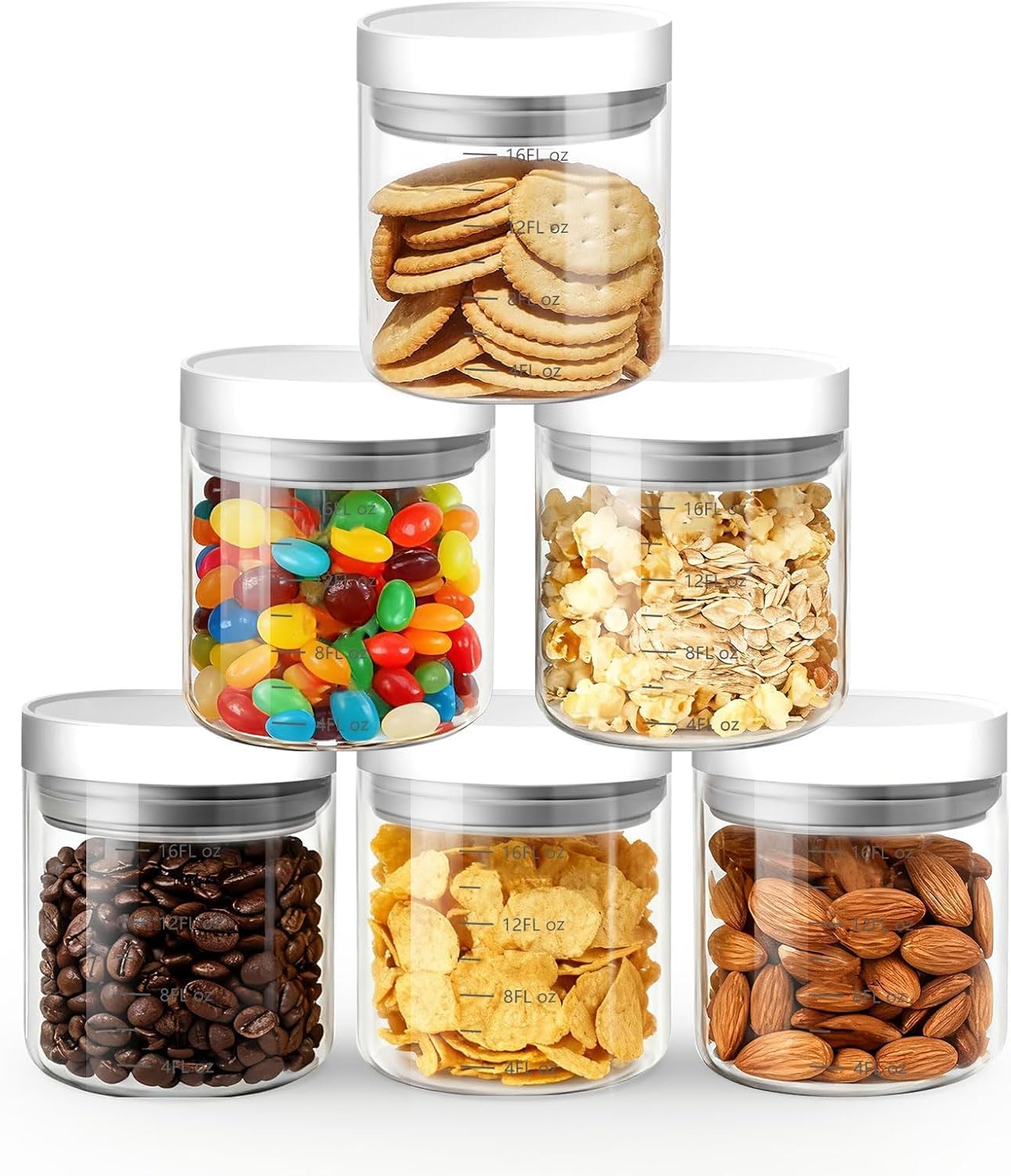 Set of 6 Airtight Glass Storage Canisters with Press-Seal Lids - 3mm Thick Borosilicate Jars for Pantry
