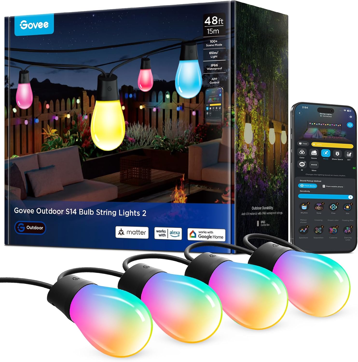 96ft Smart RGBIC Outdoor String Lights with 30 LED Bulbs, 111 Scene Modes, Alexa & Google Voice Control