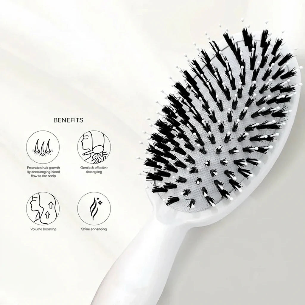 Dual-Layer Boar Bristle Brush with Microsphere Tips - Anti-Static for All Hair Types