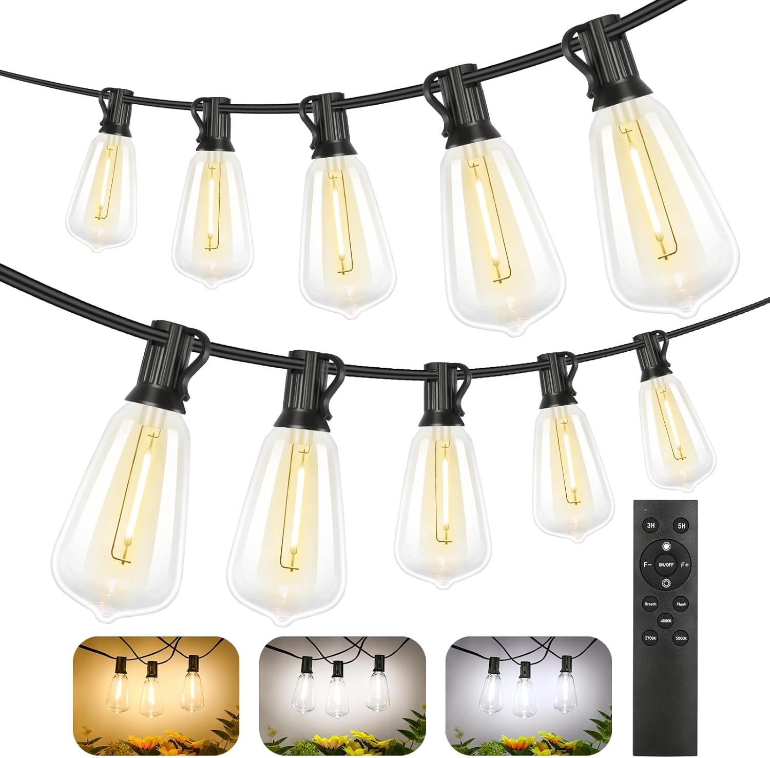 100FT Outdoor LED String Lights with 52 Shatterproof Vintage Edison Bulbs, Waterproof Dimmable Patio Lighting