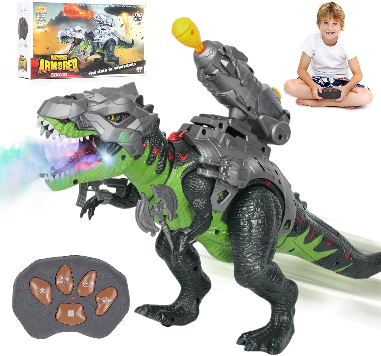 Remote Control T-Rex Dinosaur Toy with LED Lights, Fog Spray & Realistic Roars for Kids 3+
