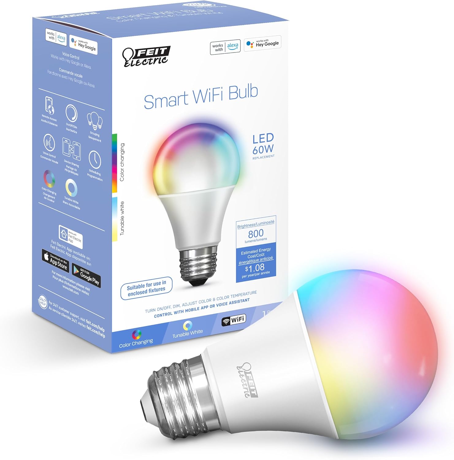 A19 Smart LED Light Bulb, 60W Equivalent, Dimmable, RGBW Color Changing, Alexa & Google Home Compatible, 2.4GHz Wi-Fi, 6-Pack