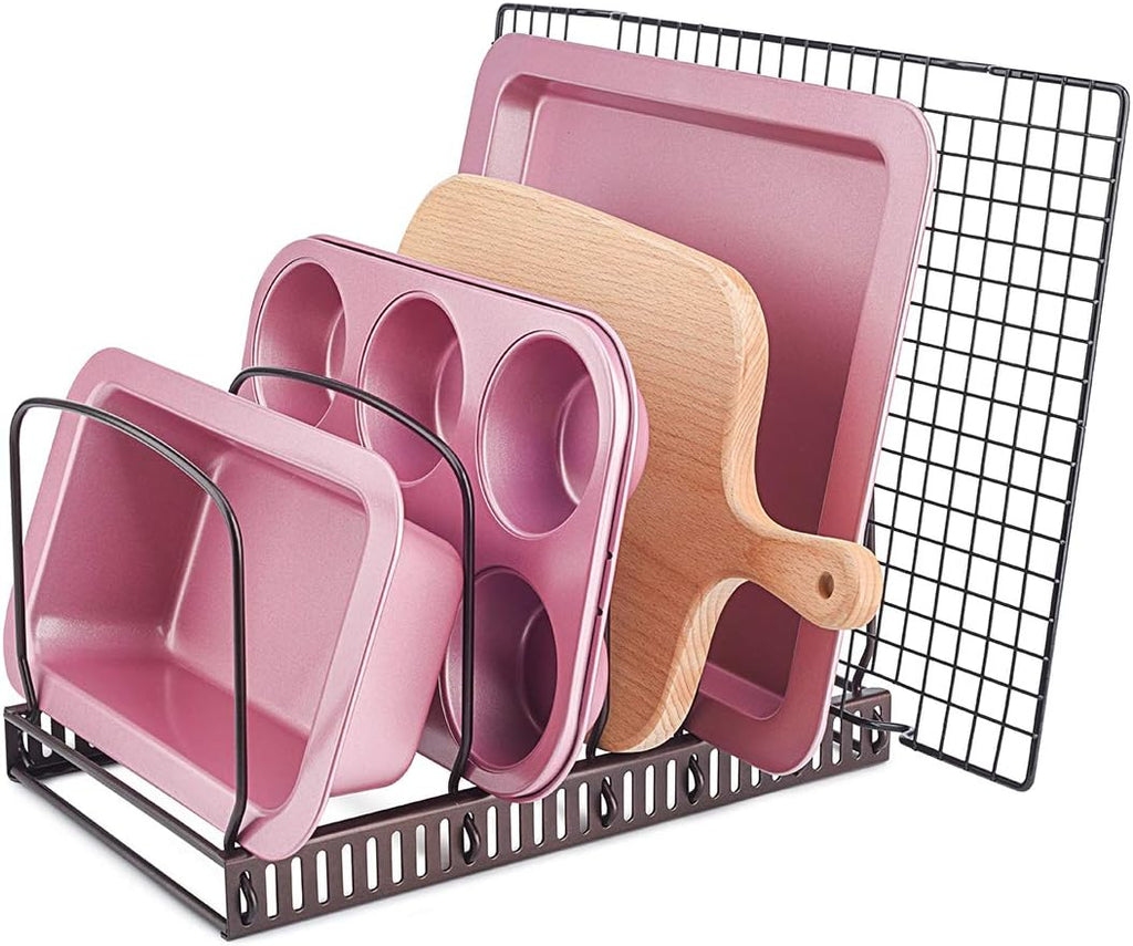 Pot Lid Organizer Rack for Cabinet and Countertop, 7 Adjustable Compartments for Pans and Bakeware