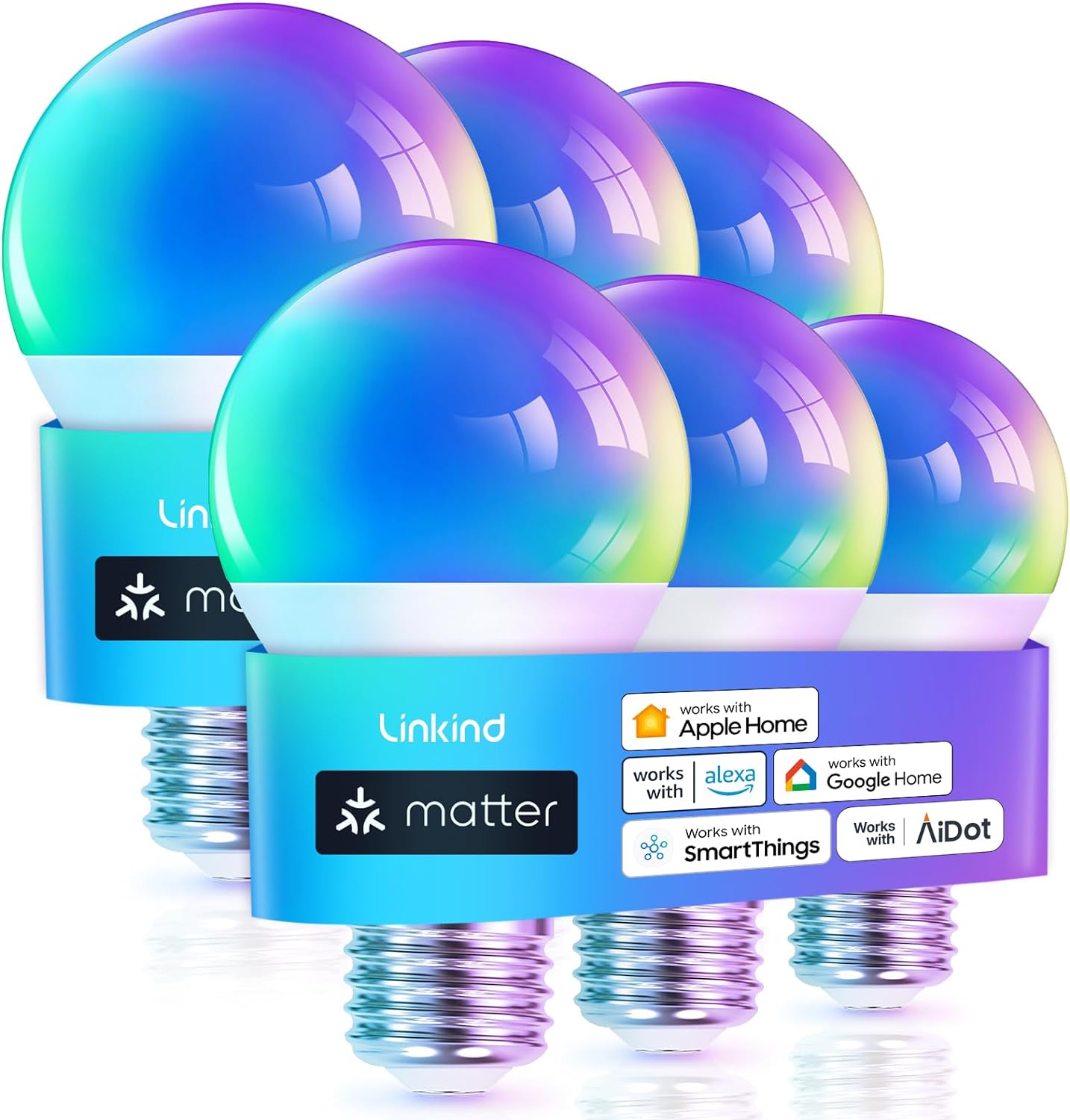 Matter Smart Light Bulb, 1600LM RGBTW Color Changing, Music Sync, Wi-Fi A21 E26, 4-Pack
