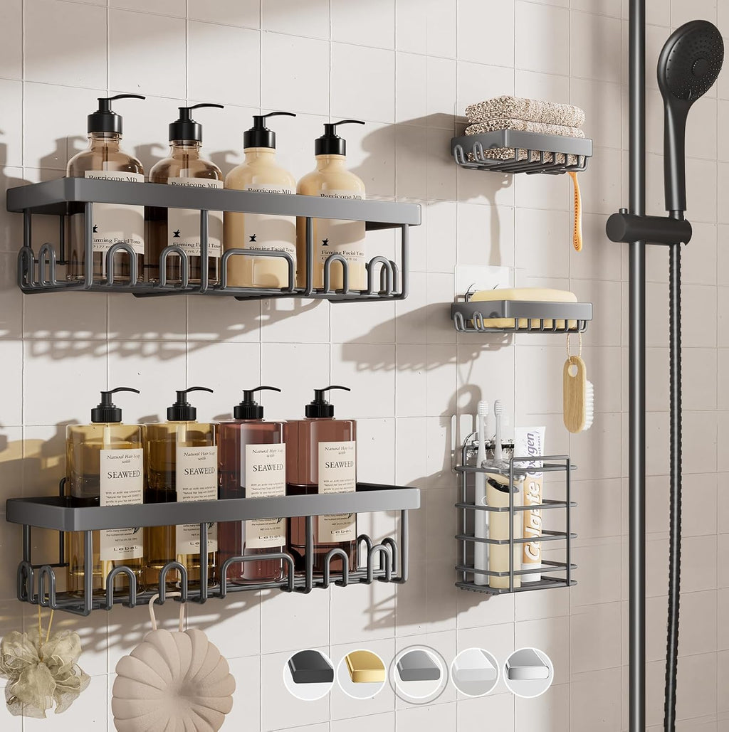 6-Pack Adhesive Shower Caddy Set - Rustproof Stainless Steel Bathroom Organizer & Storage