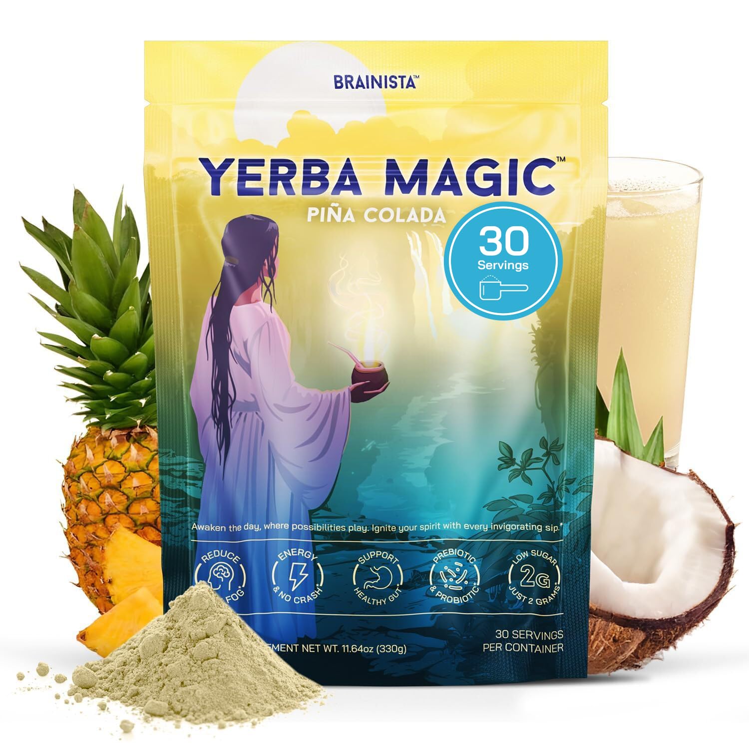 Yerba Mate Instant Powder with Nootropics, Prebiotics & Probiotics – Clean Energy & Mental Clarity, Pina Colada, 30 Servings
