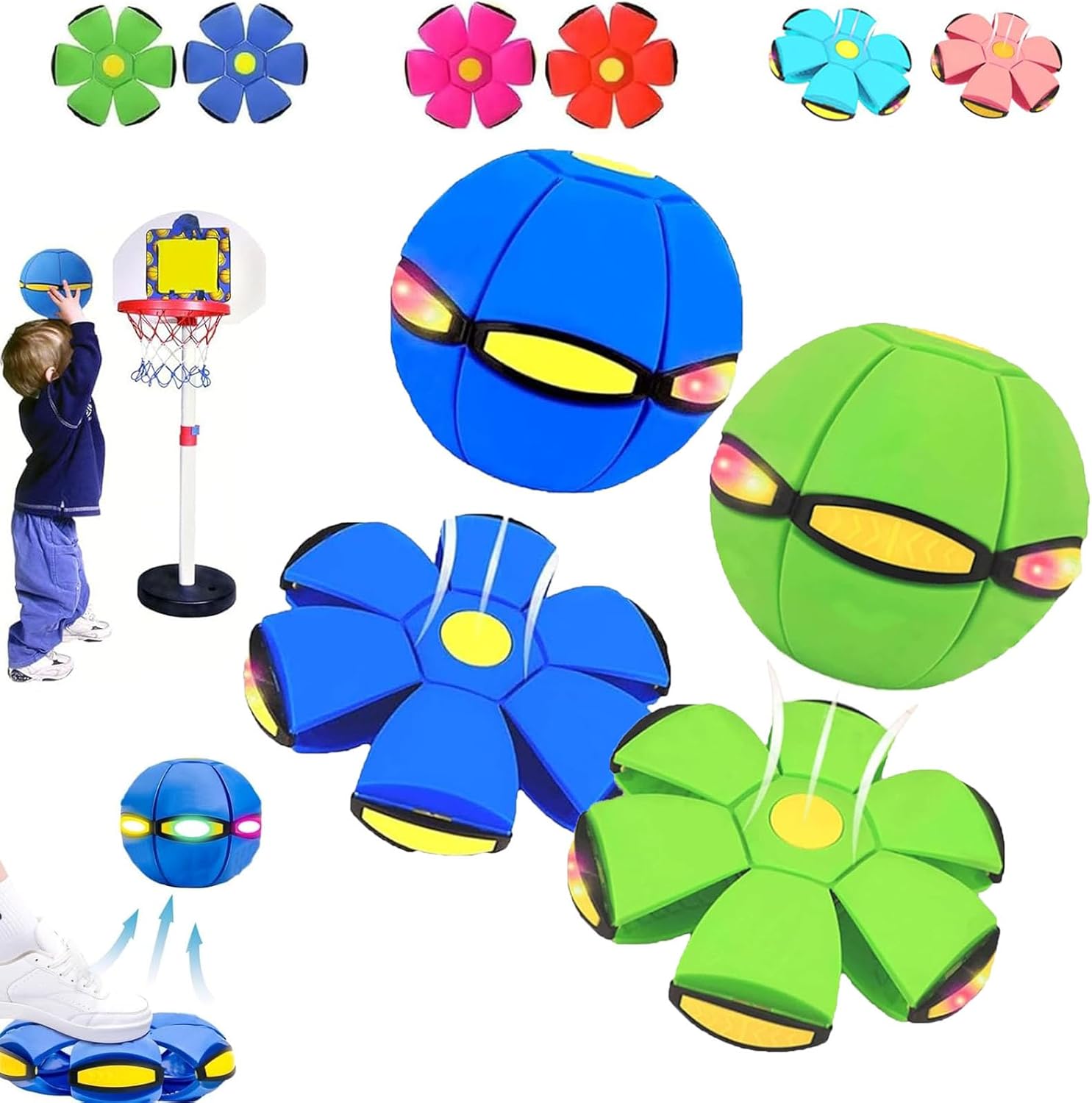 Magic Transforming Bouncing Ball & Flying Saucer Toy with LED Lights (2-Pack)