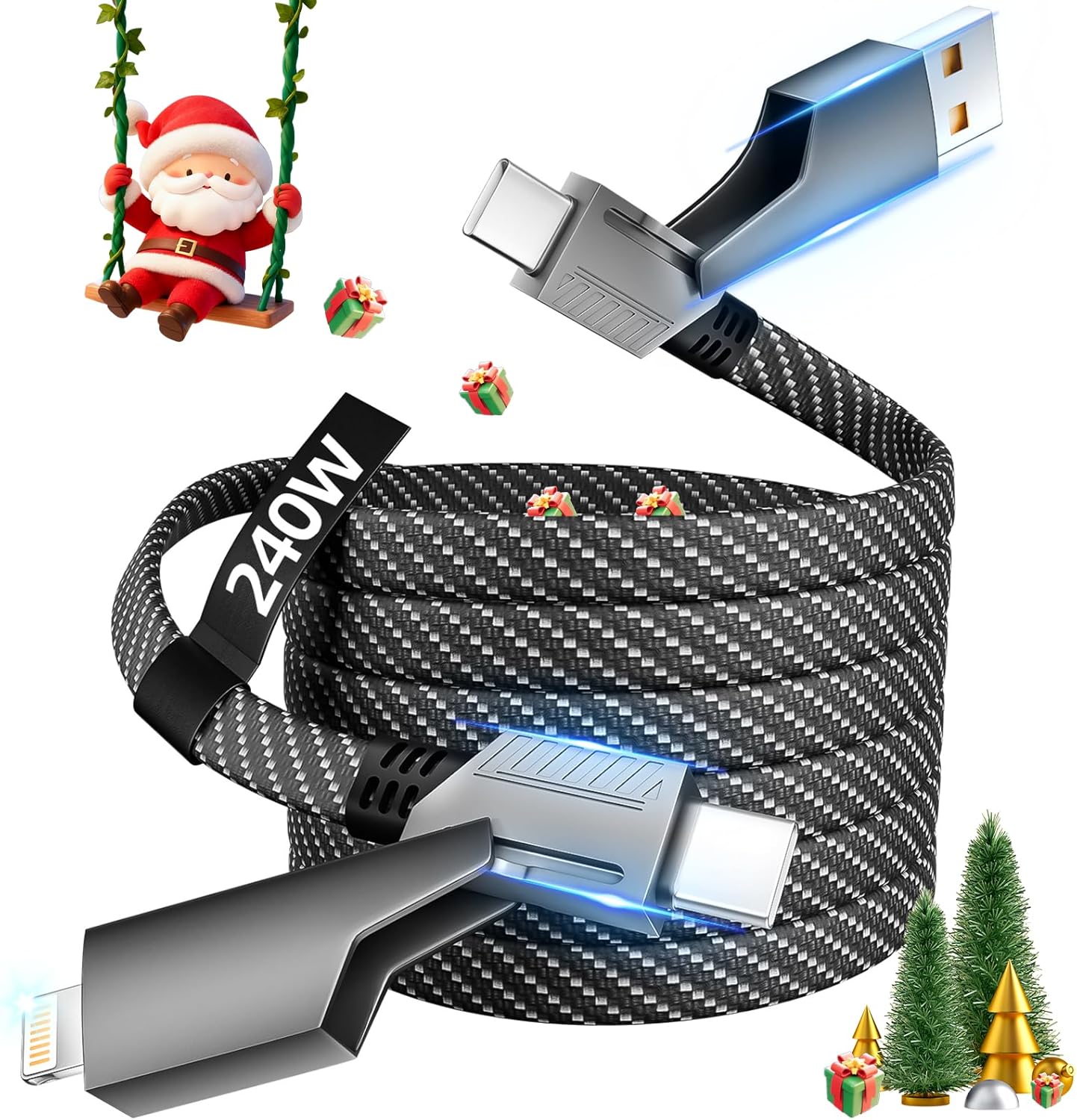65W 4-in-1 Fast Charging Cable with E-Mark Chip, Multi-Port USB C Cable for Phones & Tablets