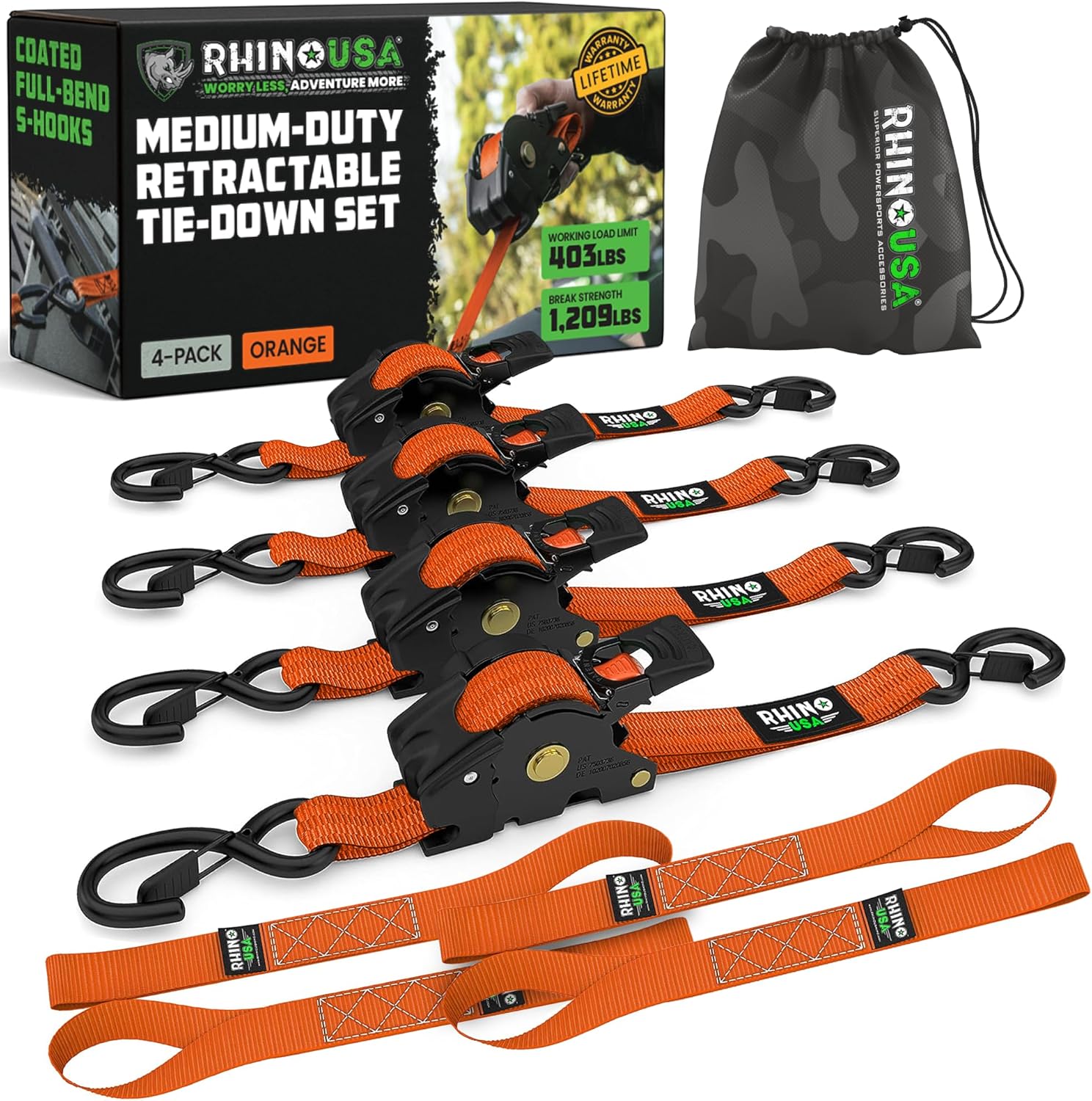 Retractable Ratchet Straps (2-Pack) - 1 Inch x 10 Feet with Auto Self Retracting Feature