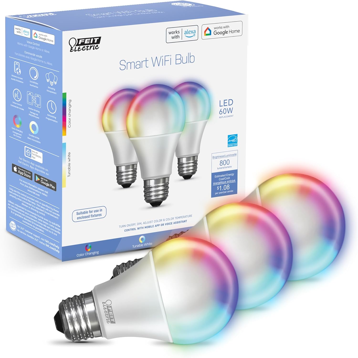 A19 Smart LED Light Bulb, 60W Equivalent, Dimmable, RGBW Color Changing, Alexa & Google Home Compatible, 2.4GHz Wi-Fi, 6-Pack