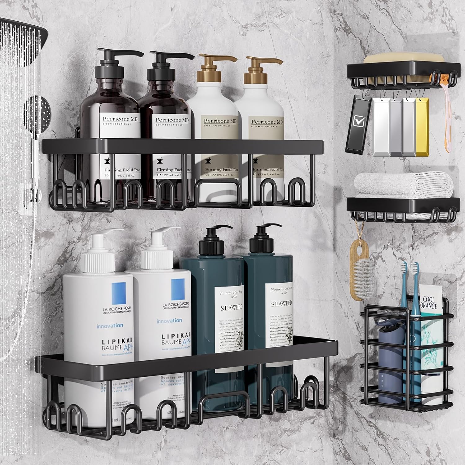 6-Pack Adhesive Shower Caddy Set - Rustproof Stainless Steel Bathroom Organizer & Storage