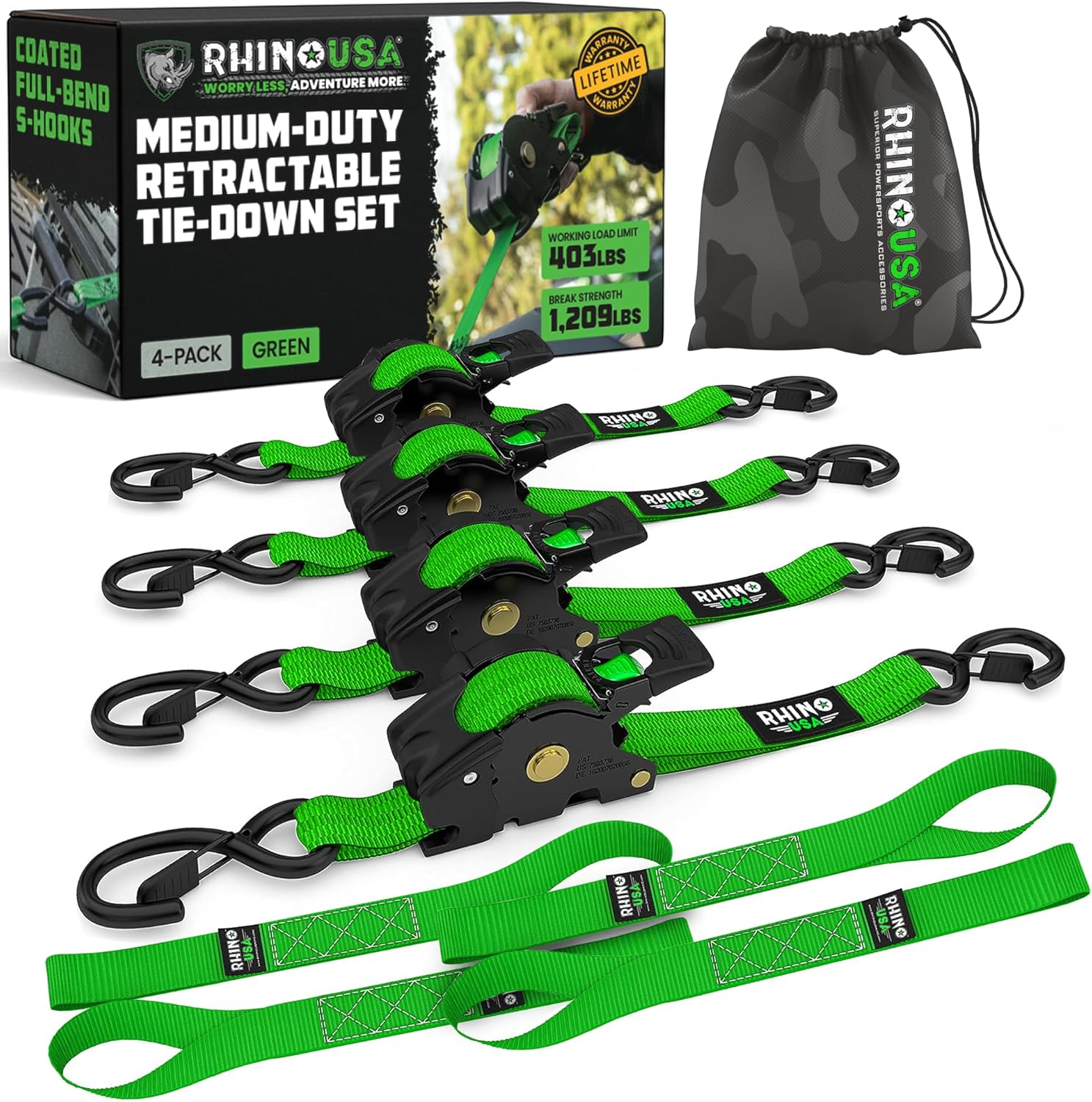 Retractable Ratchet Straps (2-Pack) - 1 Inch x 10 Feet with Auto Self Retracting Feature