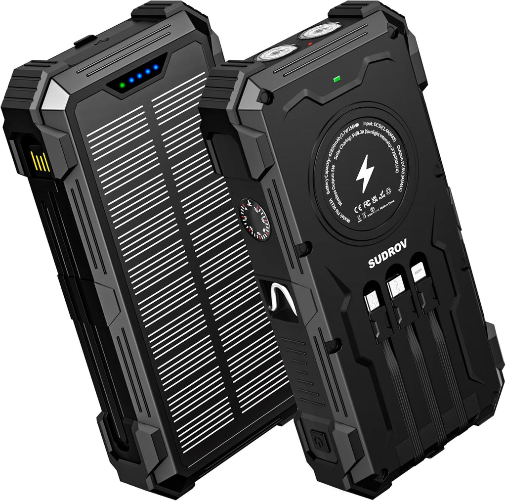42800mAh Solar Power Bank with Wireless Charging, QC3.0 Fast Charge, 6 Ports & Built-in Flashlights