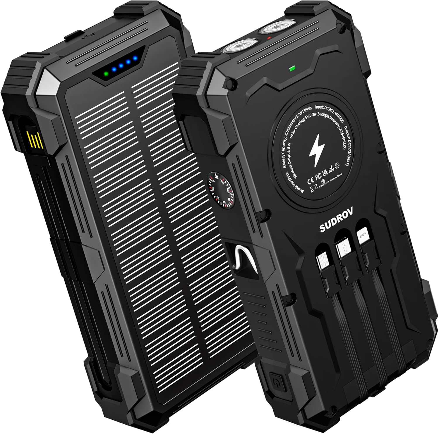 42800mAh Solar Power Bank with Wireless Charging, QC3.0 Fast Charge, 6 Ports & Built-in Flashlights