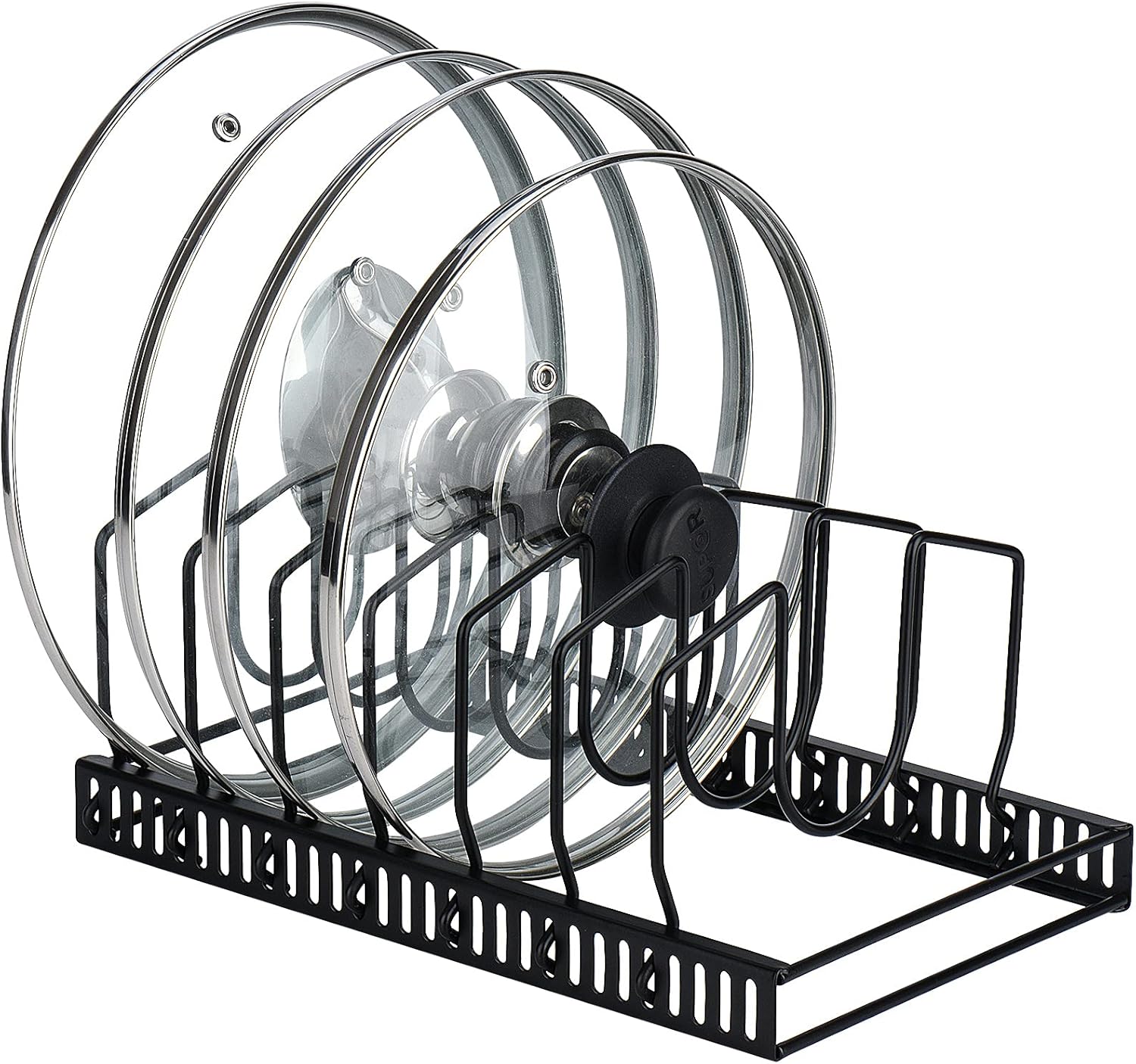 Pot Lid Organizer Rack for Cabinet and Countertop, 7 Adjustable Compartments for Pans and Bakeware