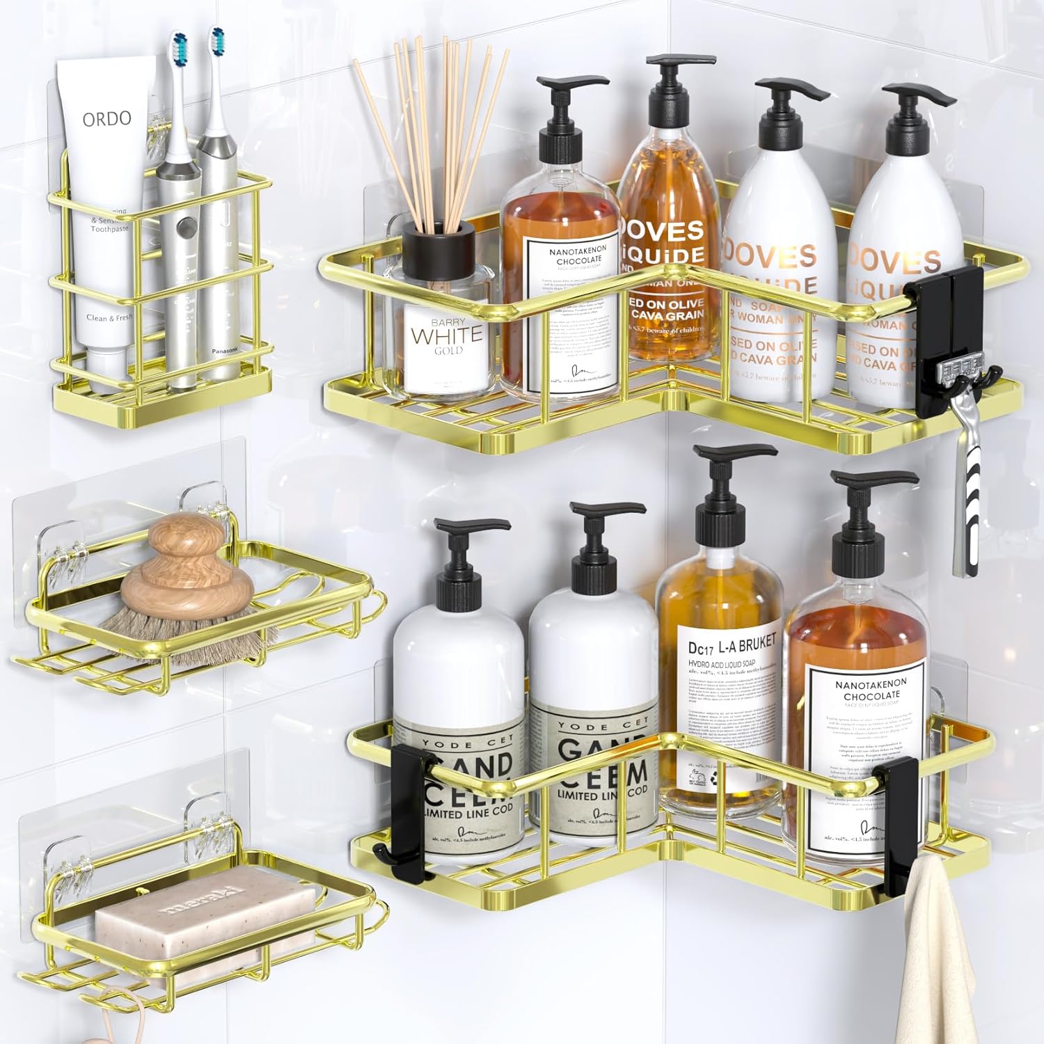 5-Pack Corner Shower Caddy Organizer - Rustproof Stainless Steel Shelves with Soap Holder & Hooks