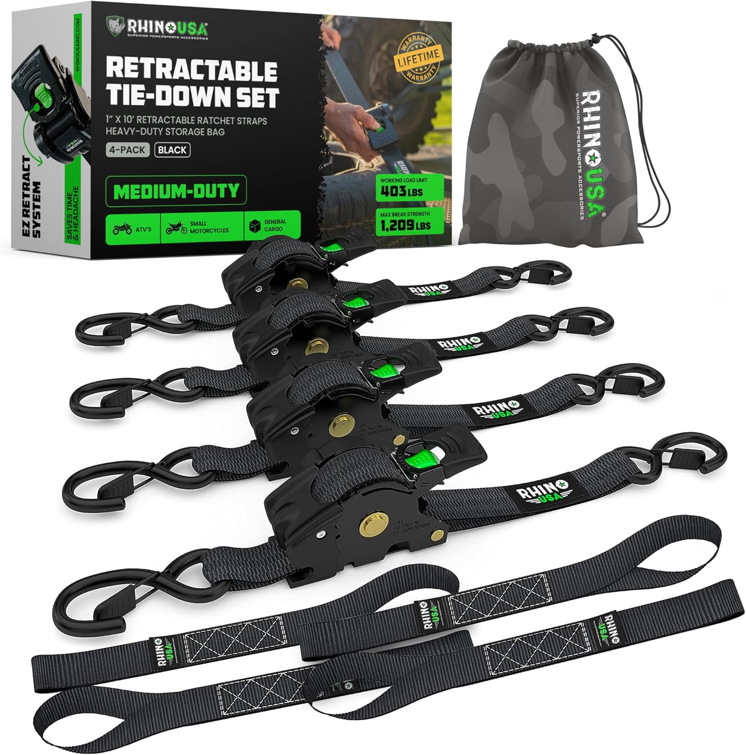 Retractable Ratchet Straps (2-Pack) - 1 Inch x 10 Feet with Auto Self Retracting Feature