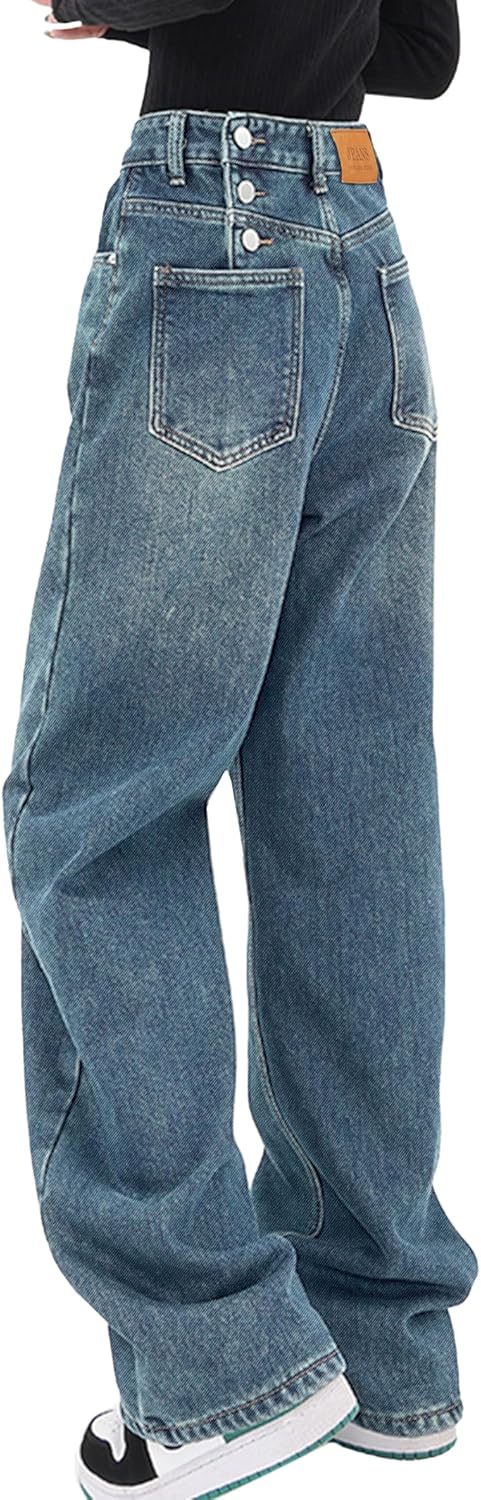 Women's Baggy Jeans Mid-Low Waist Boyfriend Vintage Wide Leg Denim Pants