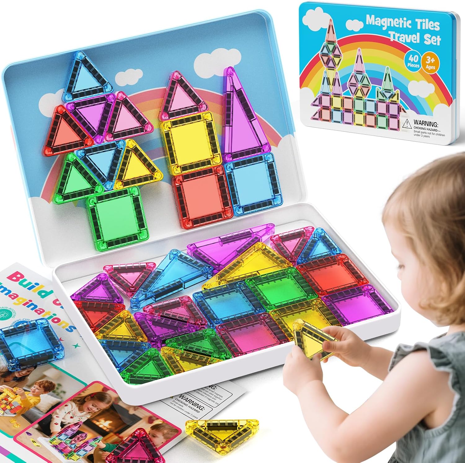 Mini Magnetic Tiles Building Blocks 40PCS - Montessori Educational Travel Construction Set with Storage Box