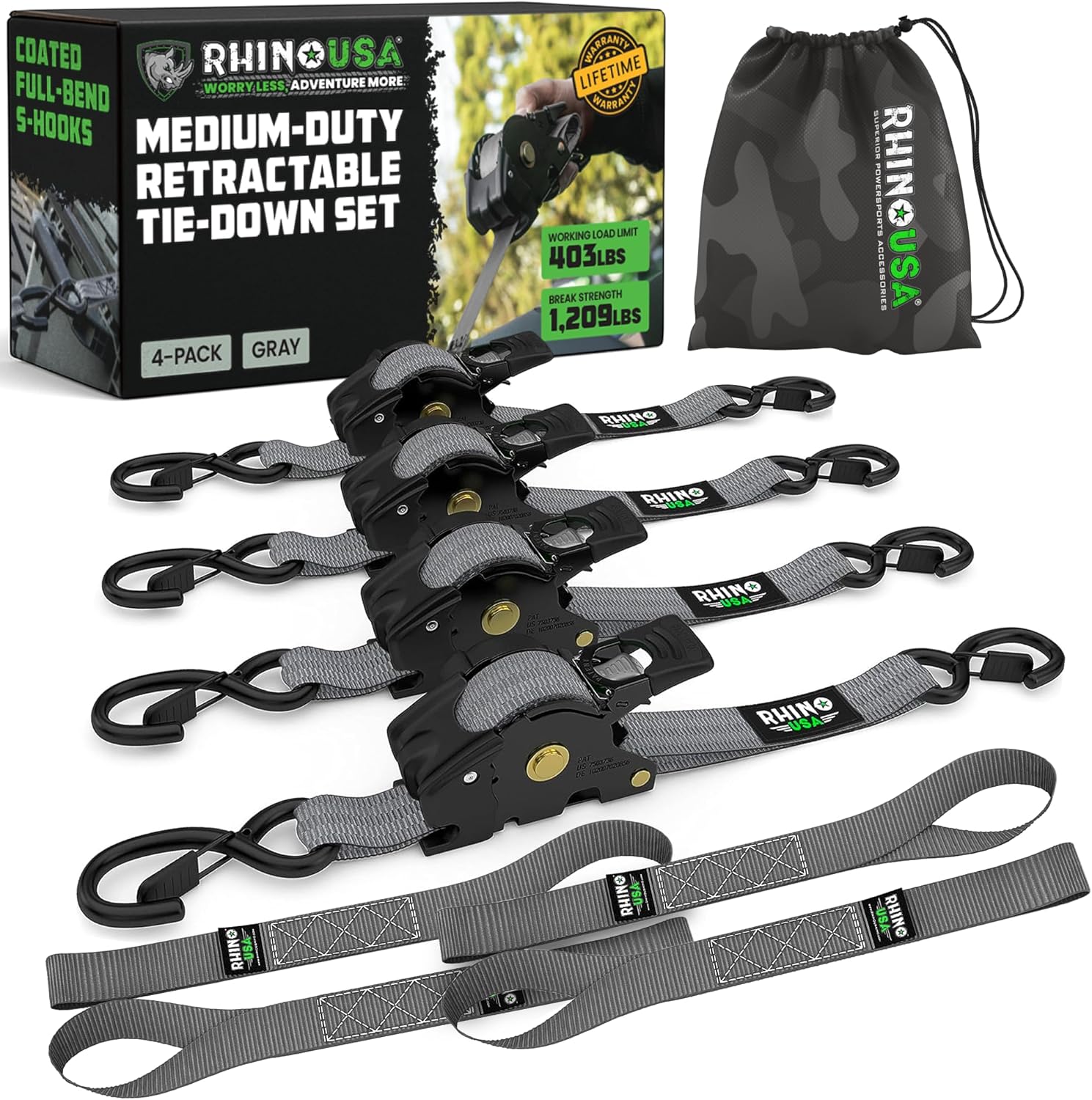Retractable Ratchet Straps (2-Pack) - 1 Inch x 10 Feet with Auto Self Retracting Feature