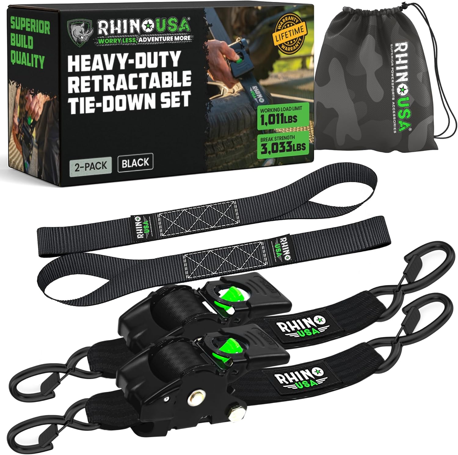 4-Pack Retractable Ratchet Straps - 2" x 10' Heavy Duty Auto Retracting Tie Downs (3,033lb Strength)