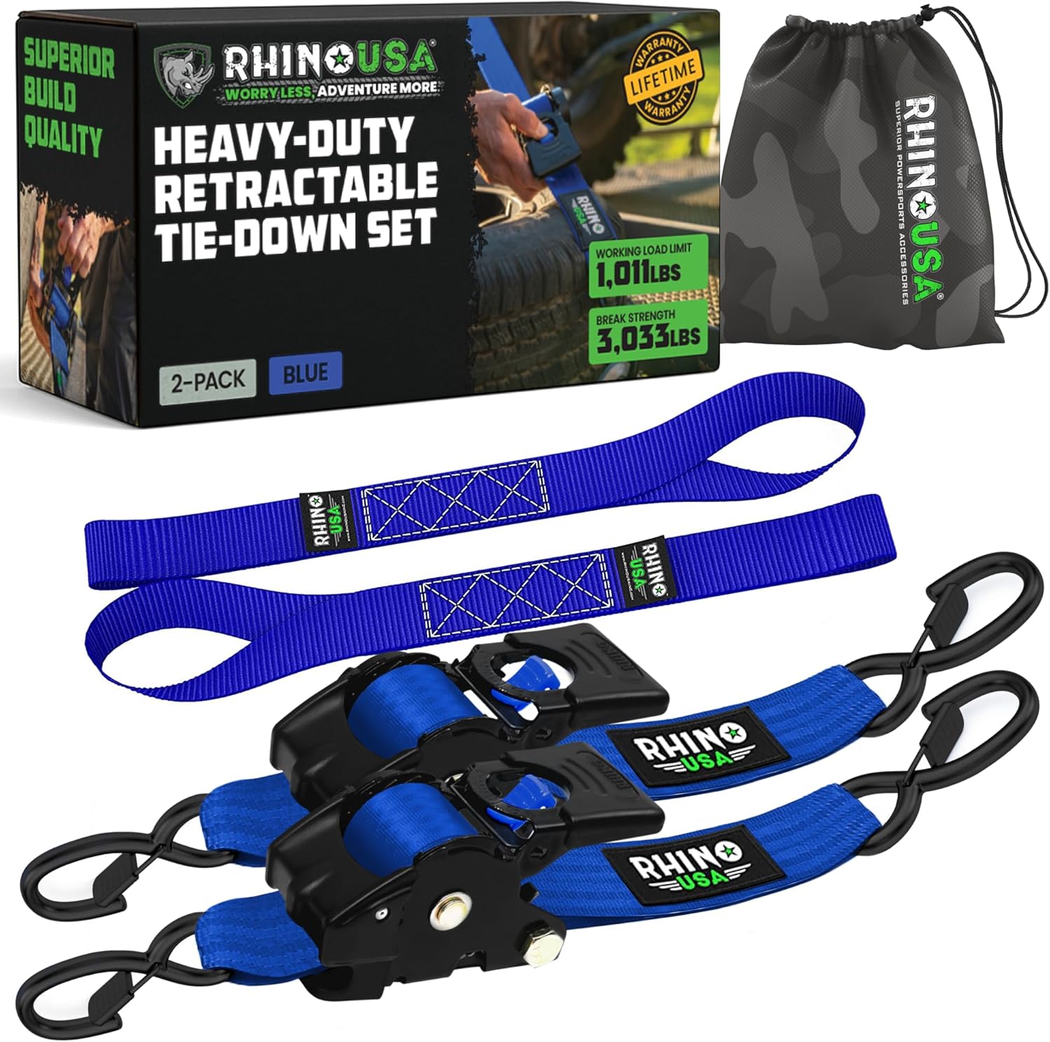 4-Pack Retractable Ratchet Straps - 2" x 10' Heavy Duty Auto Retracting Tie Downs (3,033lb Strength)