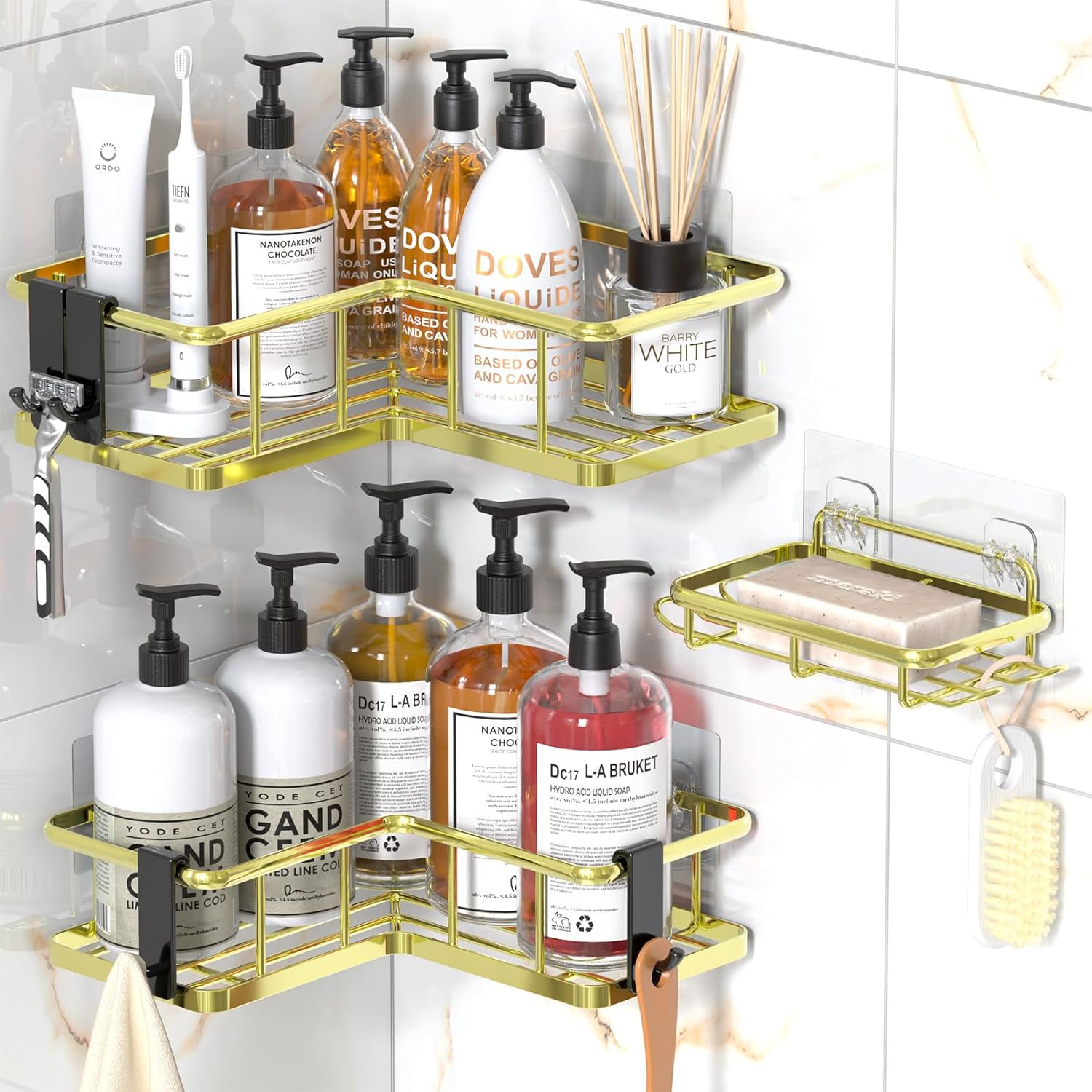 5-Pack Corner Shower Caddy Organizer - Rustproof Stainless Steel Shelves with Soap Holder & Hooks