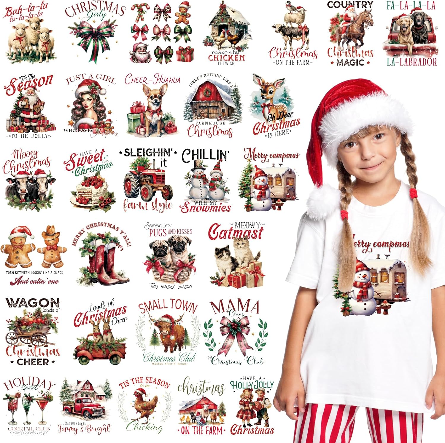 24Pcs Retro Christmas DTF Transfers with Gingerbread Dinosaurs for DIY Holiday Crafts