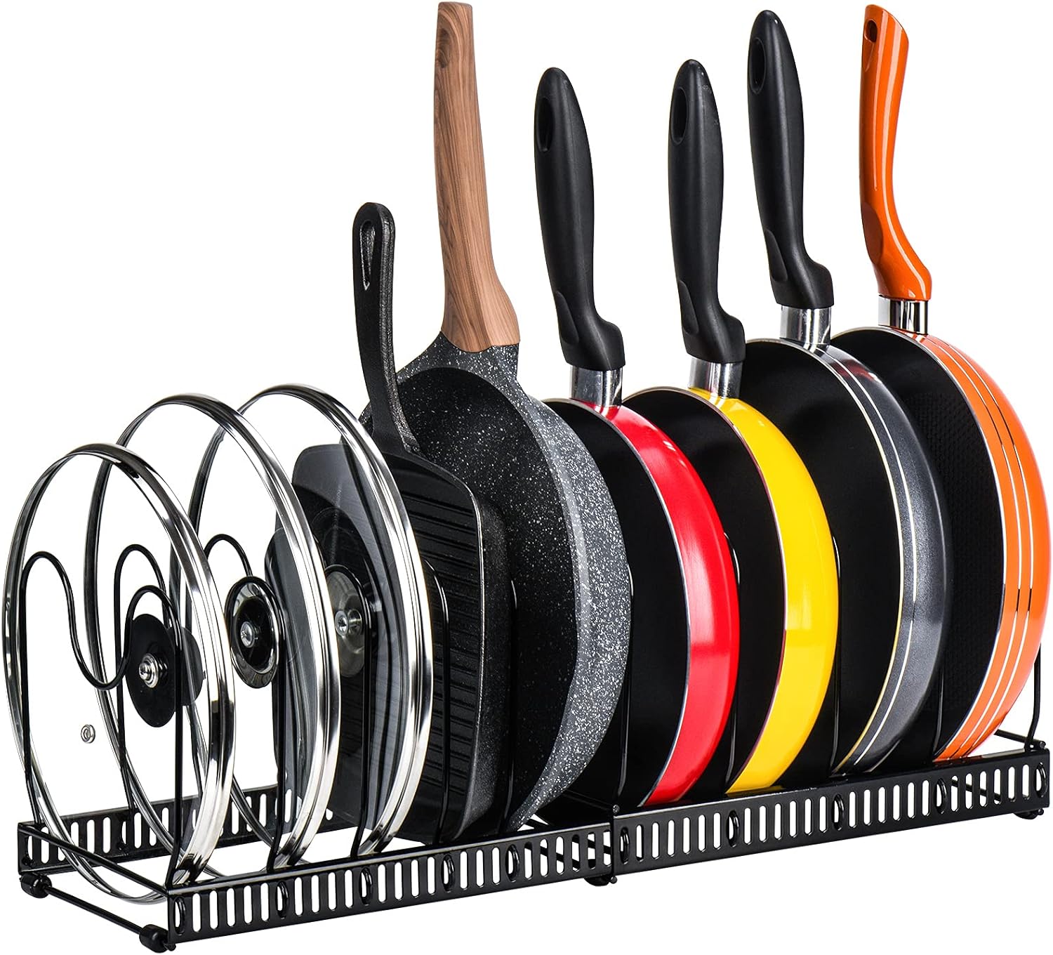 Pot Lid Organizer Rack for Cabinet and Countertop, 7 Adjustable Compartments for Pans and Bakeware