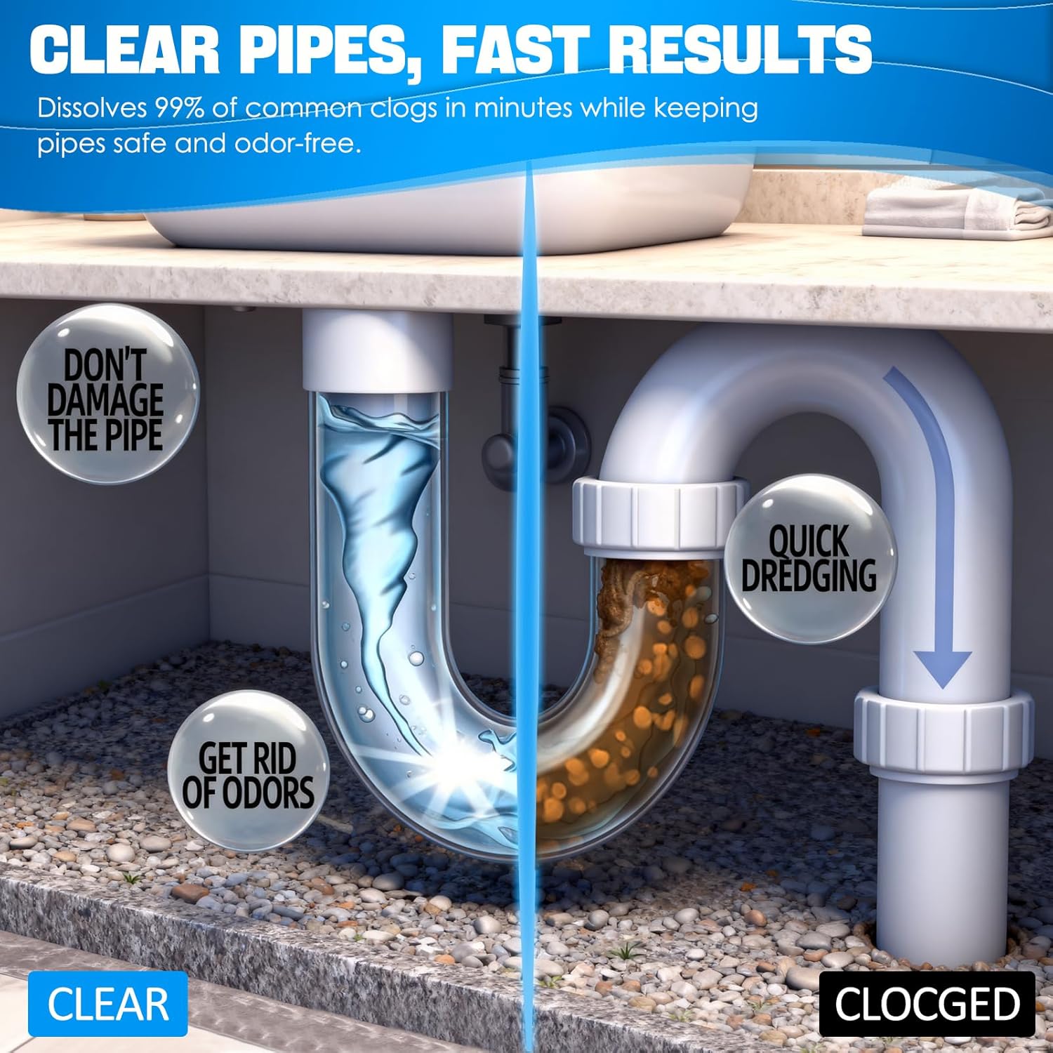 QJI Powerful Drain Cleaner — Helps Clear Common Clogs in Sinks, Tubs & Showers