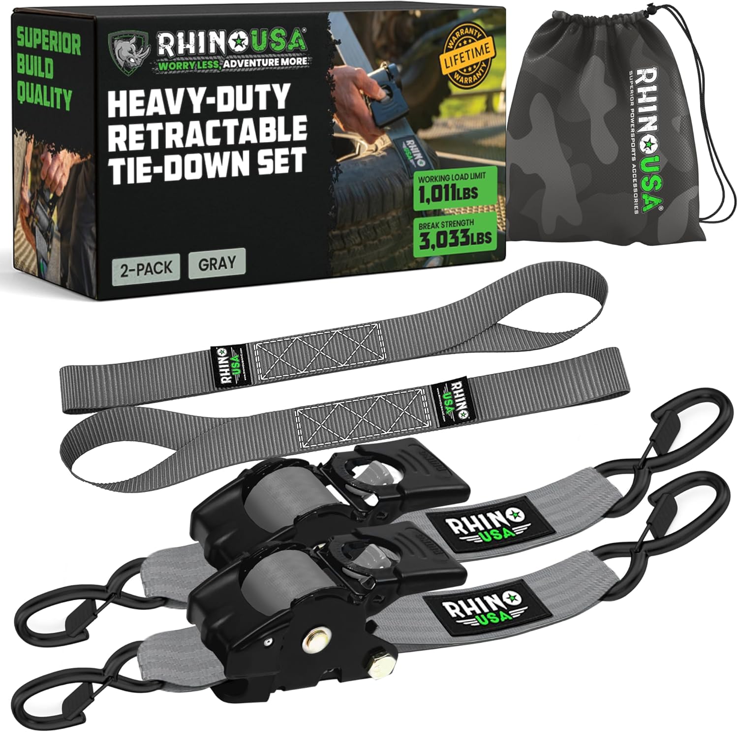 4-Pack Retractable Ratchet Straps - 2" x 10' Heavy Duty Auto Retracting Tie Downs (3,033lb Strength)