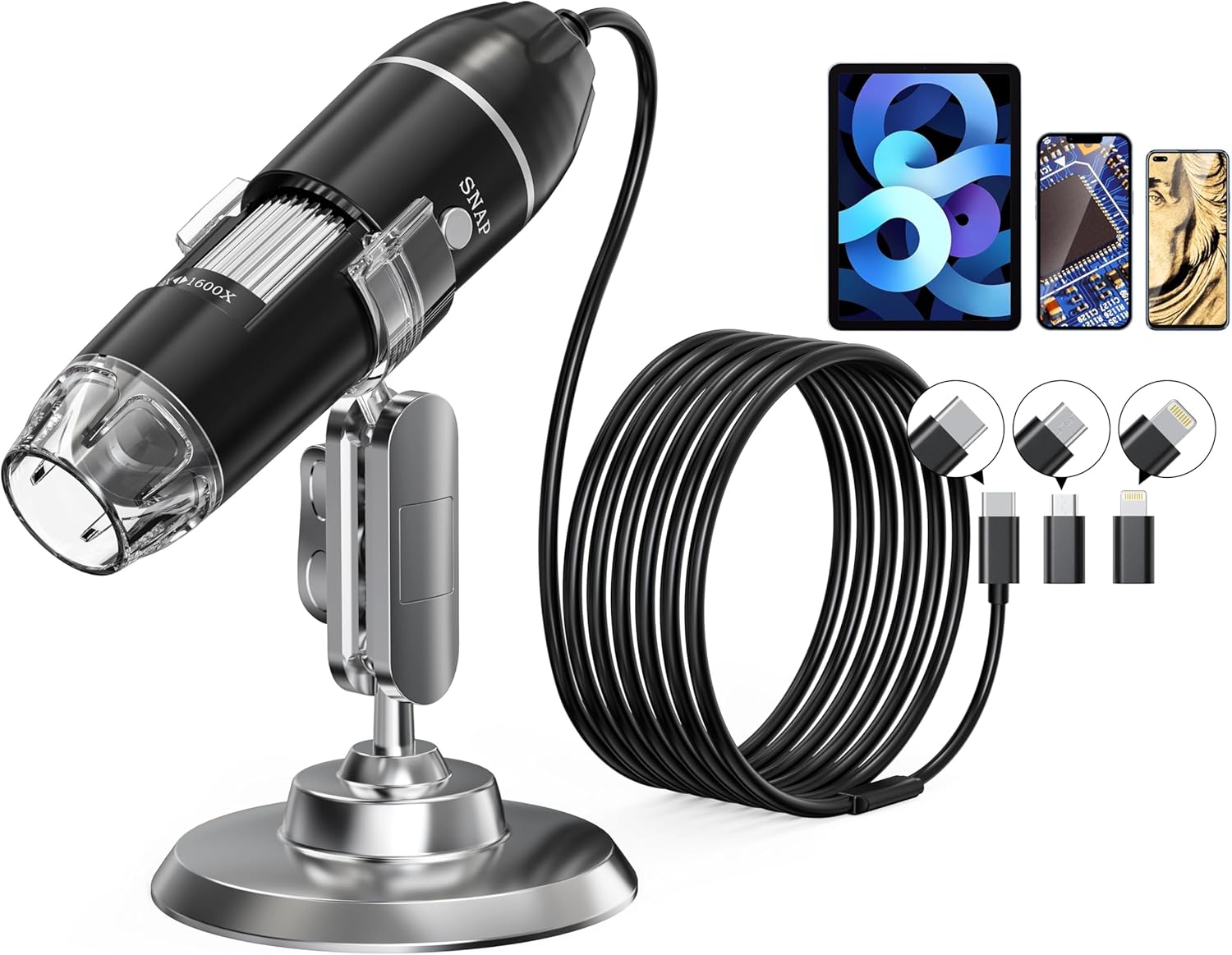 USB Digital Microscope with 50x-1600x Magnification, 1440P HD Camera, 8 LED Lights for iOS/Android