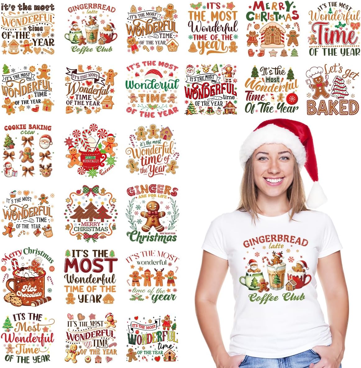24Pcs Retro Christmas DTF Transfers with Gingerbread Dinosaurs for DIY Holiday Crafts