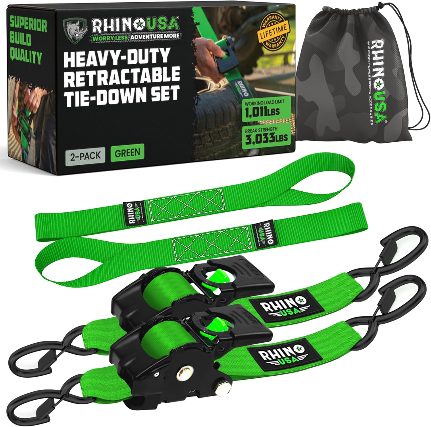 4-Pack Retractable Ratchet Straps - 2" x 10' Heavy Duty Auto Retracting Tie Downs (3,033lb Strength)