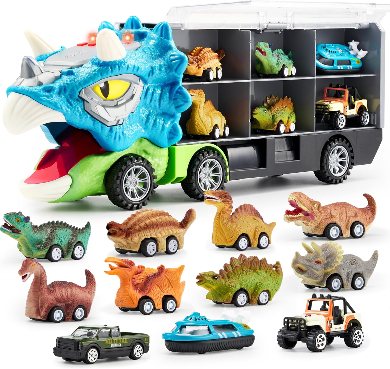 13-in-1 Dinosaur Transport Truck with 12 Pull Back Cars & Sounds, Educational Toy for Kids 3-5 Years
