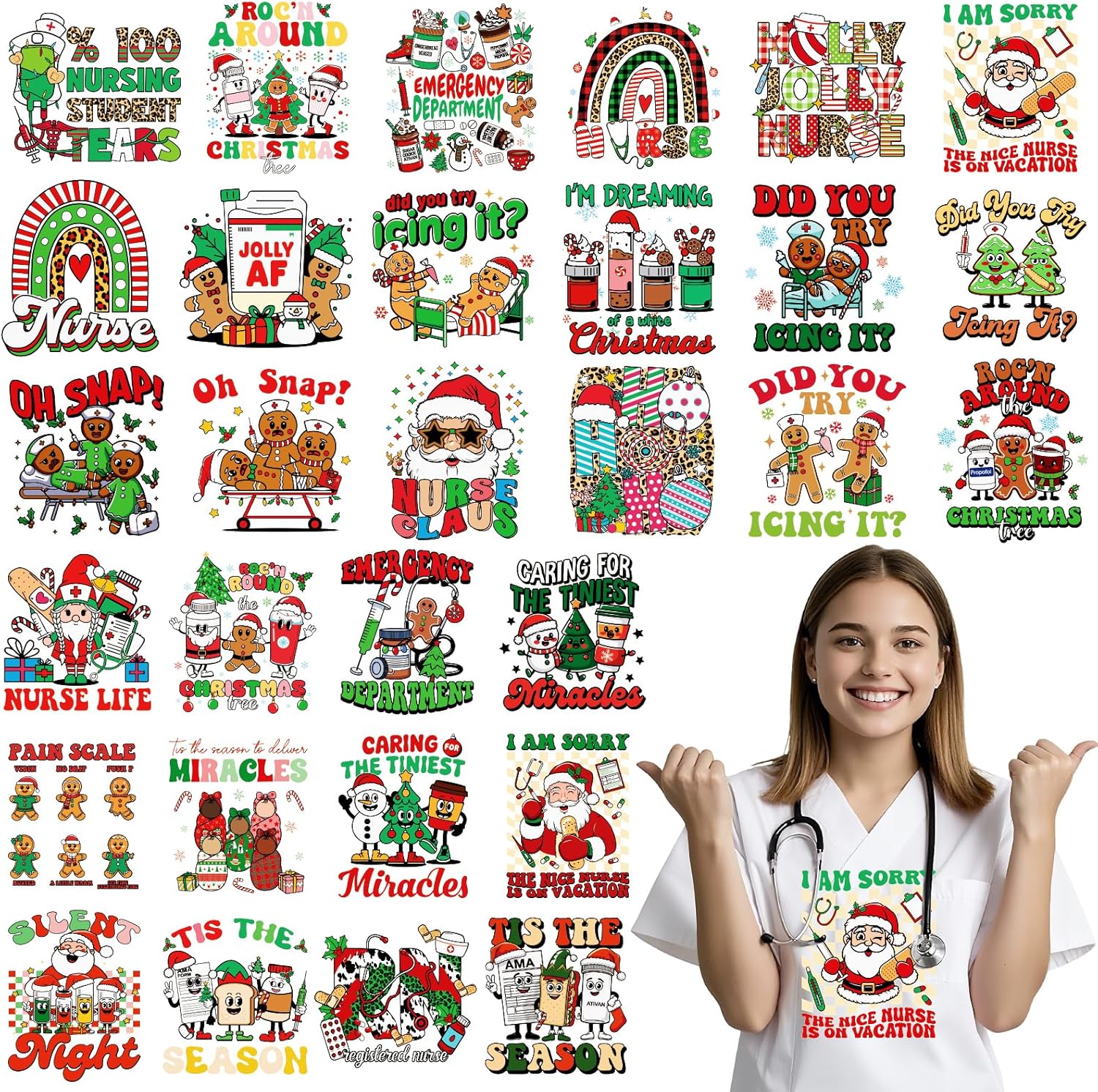 24Pcs Retro Christmas DTF Transfers with Gingerbread Dinosaurs for DIY Holiday Crafts