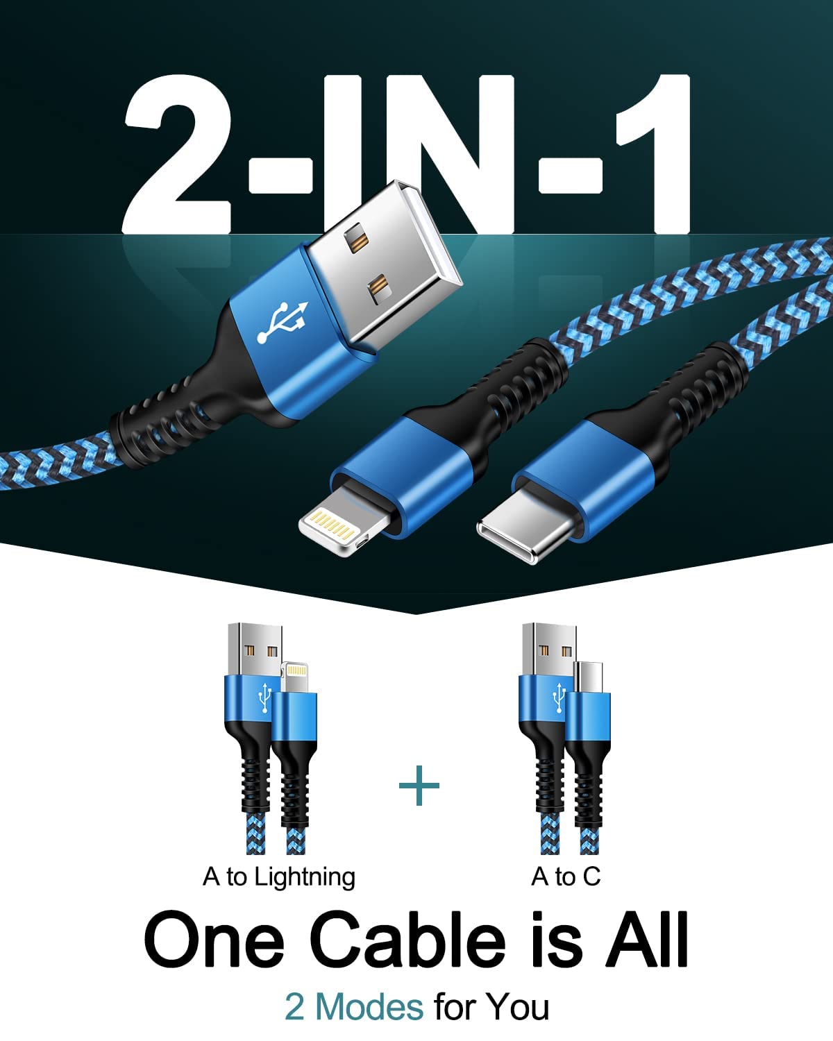 Multi Charging Cable 2-in-1, 4FT Long Multiple Charger Cord USB to Lightning & Type C Port Apple and Android Braided Charging Wire for iPhone 17 16 15 Pro Max 14 13 12 8Plus, iPad Air/mini, Galaxy
