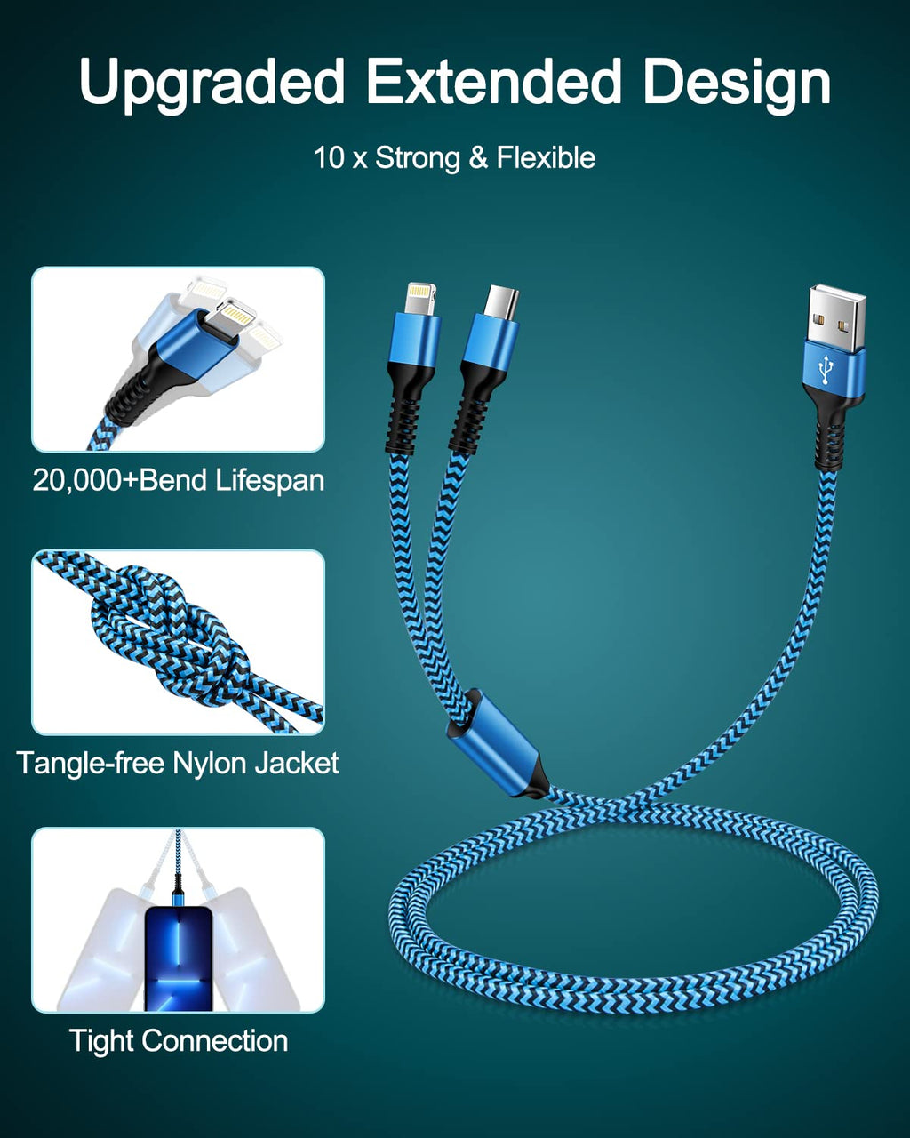 Multi Charging Cable 2-in-1, 4FT Long Multiple Charger Cord USB to Lightning & Type C Port Apple and Android Braided Charging Wire for iPhone 17 16 15 Pro Max 14 13 12 8Plus, iPad Air/mini, Galaxy