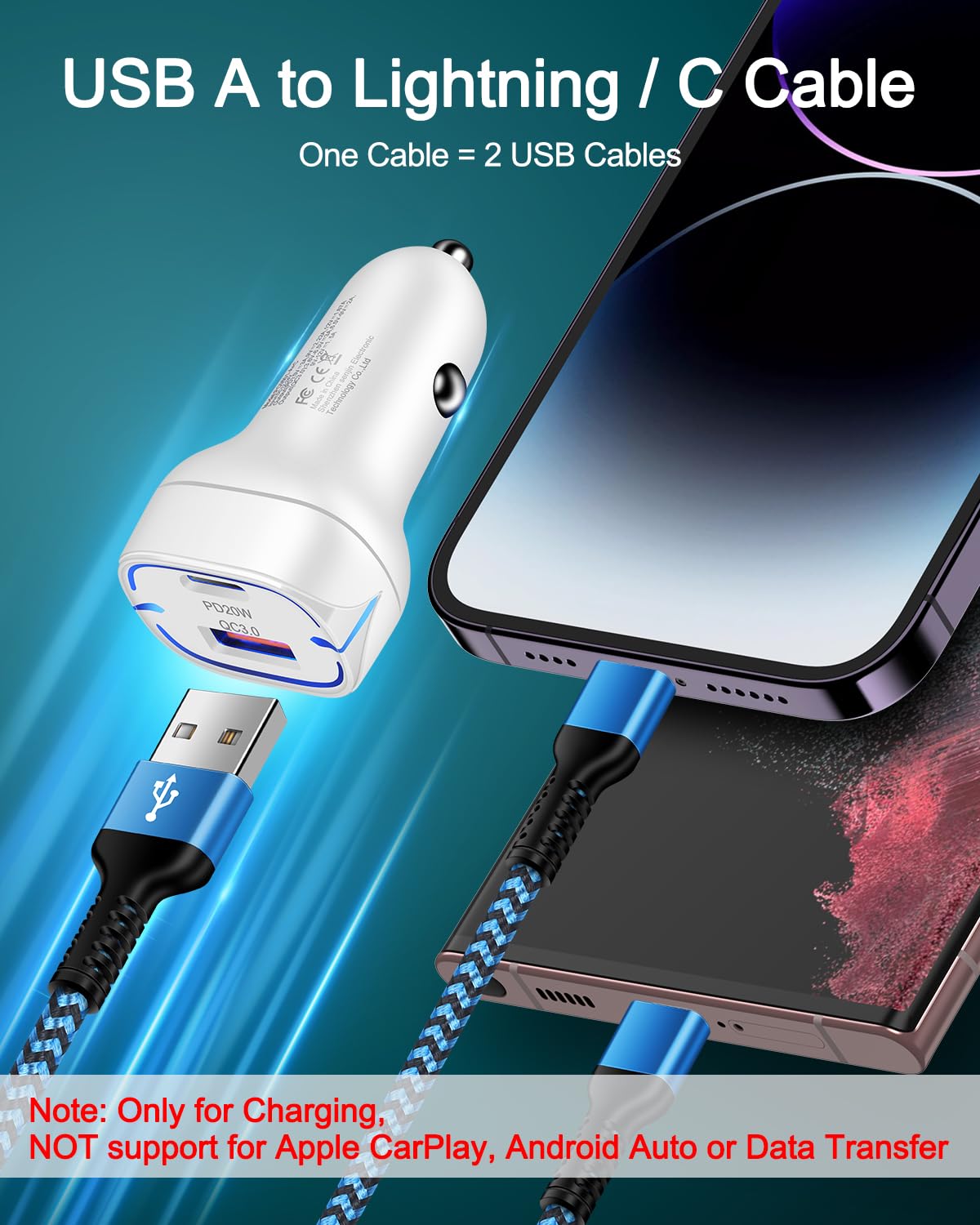 Multi Charging Cable 2-in-1, 4FT Long Multiple Charger Cord USB to Lightning & Type C Port Apple and Android Braided Charging Wire for iPhone 17 16 15 Pro Max 14 13 12 8Plus, iPad Air/mini, Galaxy