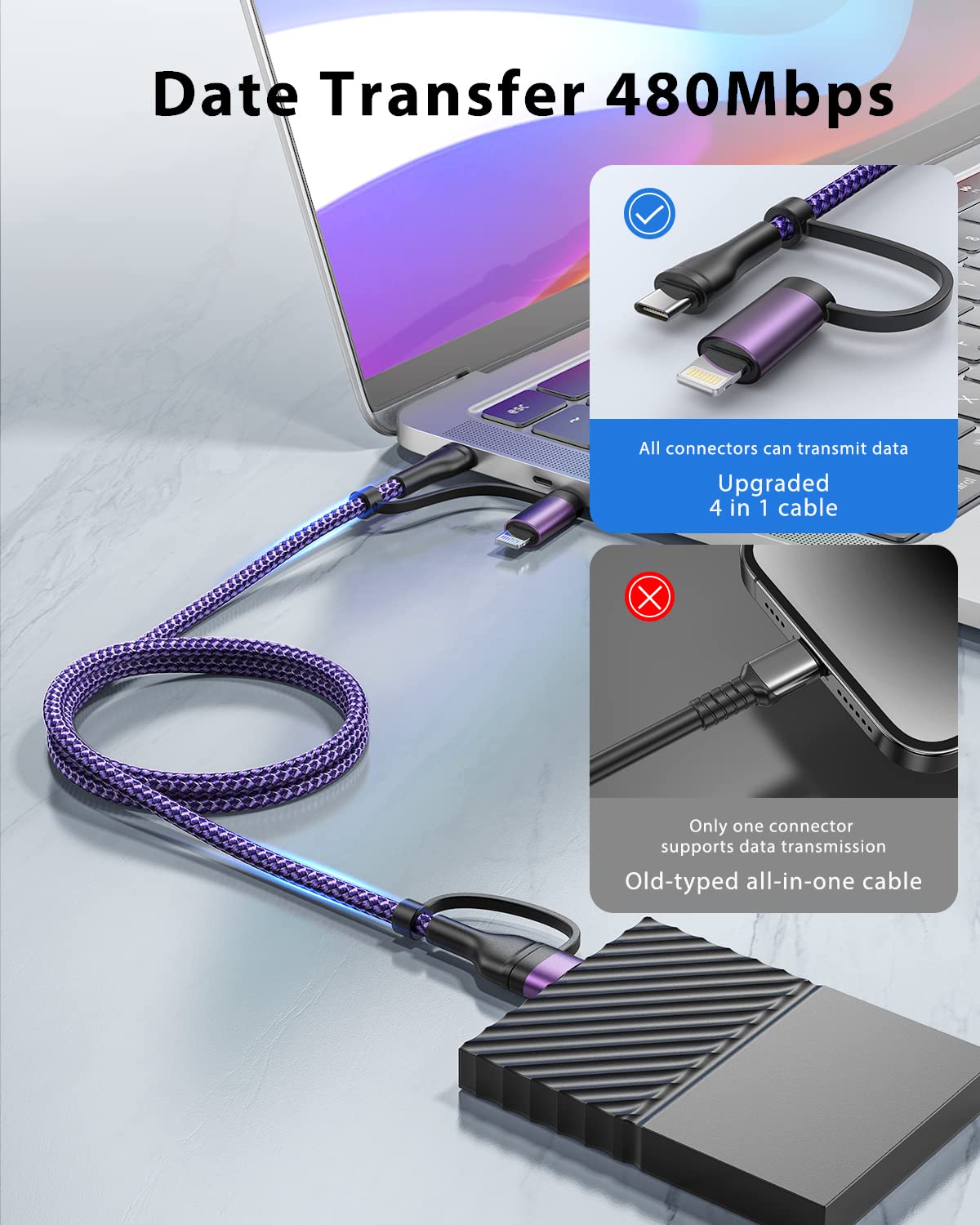 4 in 1 Fast Charging Cable 60W 6FT Apple MFi Certified USB C to Lightning Cable Nylon Braided USB A/C to C/Lightning Multi iPhone Charger Cord for iPhone 17 16 15 14 13 Pro/iPad/Samsung/MacBook