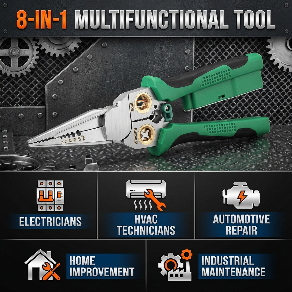 8-in-1 Wire Crimper Stripper with Voltage Detector & Dual Alarms - Heavy Duty 12-250V AC/DC Tester