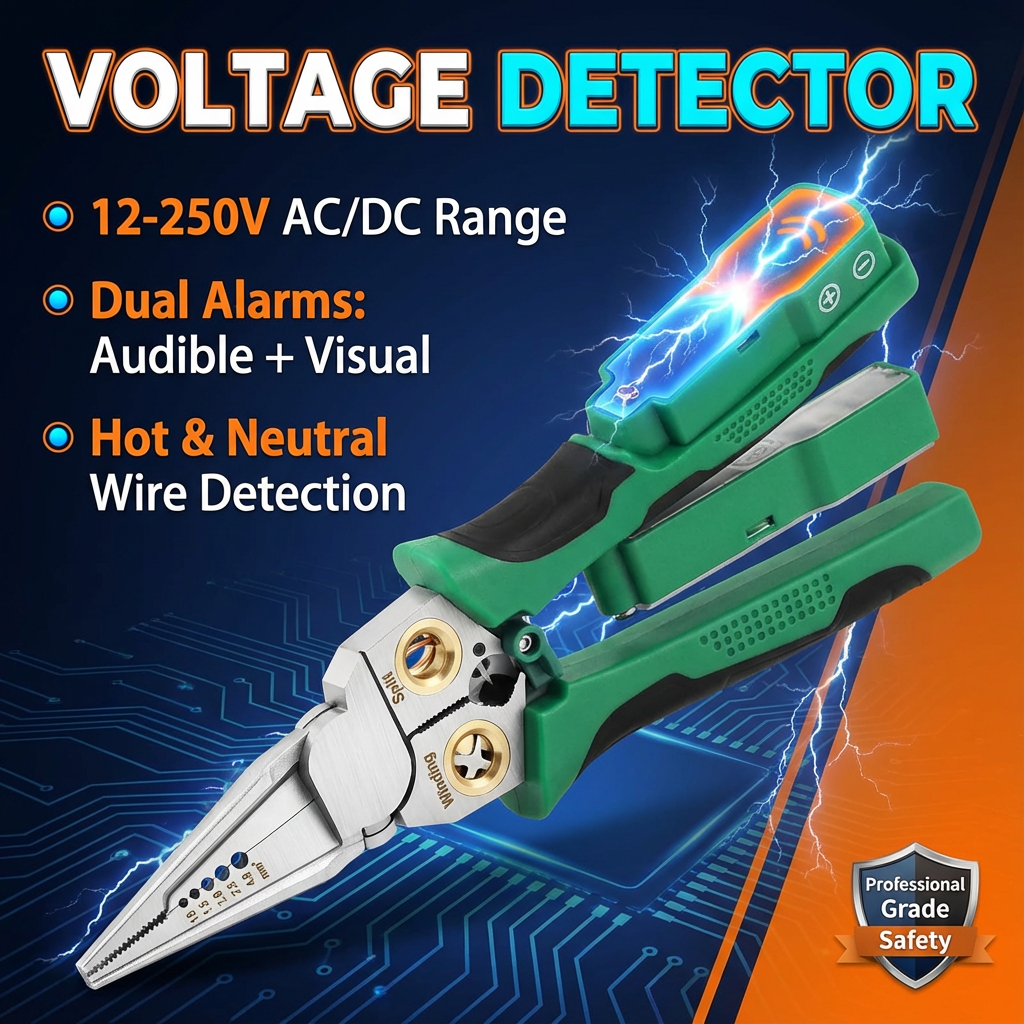 8-in-1 Wire Crimper Stripper with Voltage Detector & Dual Alarms - Heavy Duty 12-250V AC/DC Tester