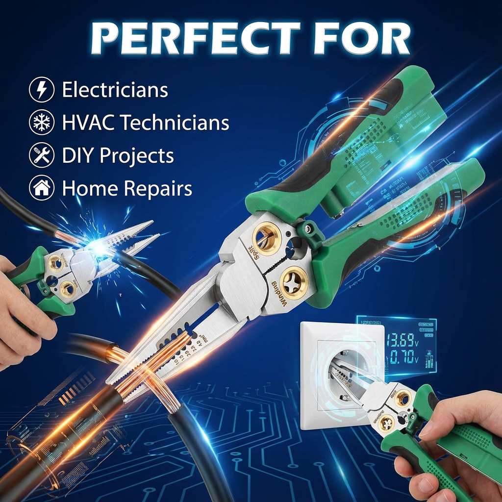 8-in-1 Wire Crimper Stripper with Voltage Detector & Dual Alarms - Heavy Duty 12-250V AC/DC Tester