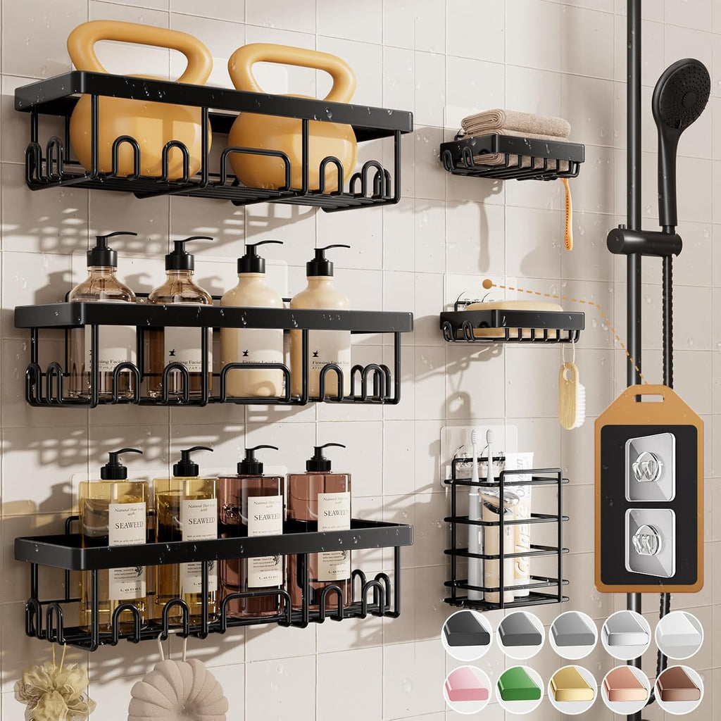 6-Pack Adhesive Shower Caddy Set - Rustproof Stainless Steel Bathroom Organizer & Storage