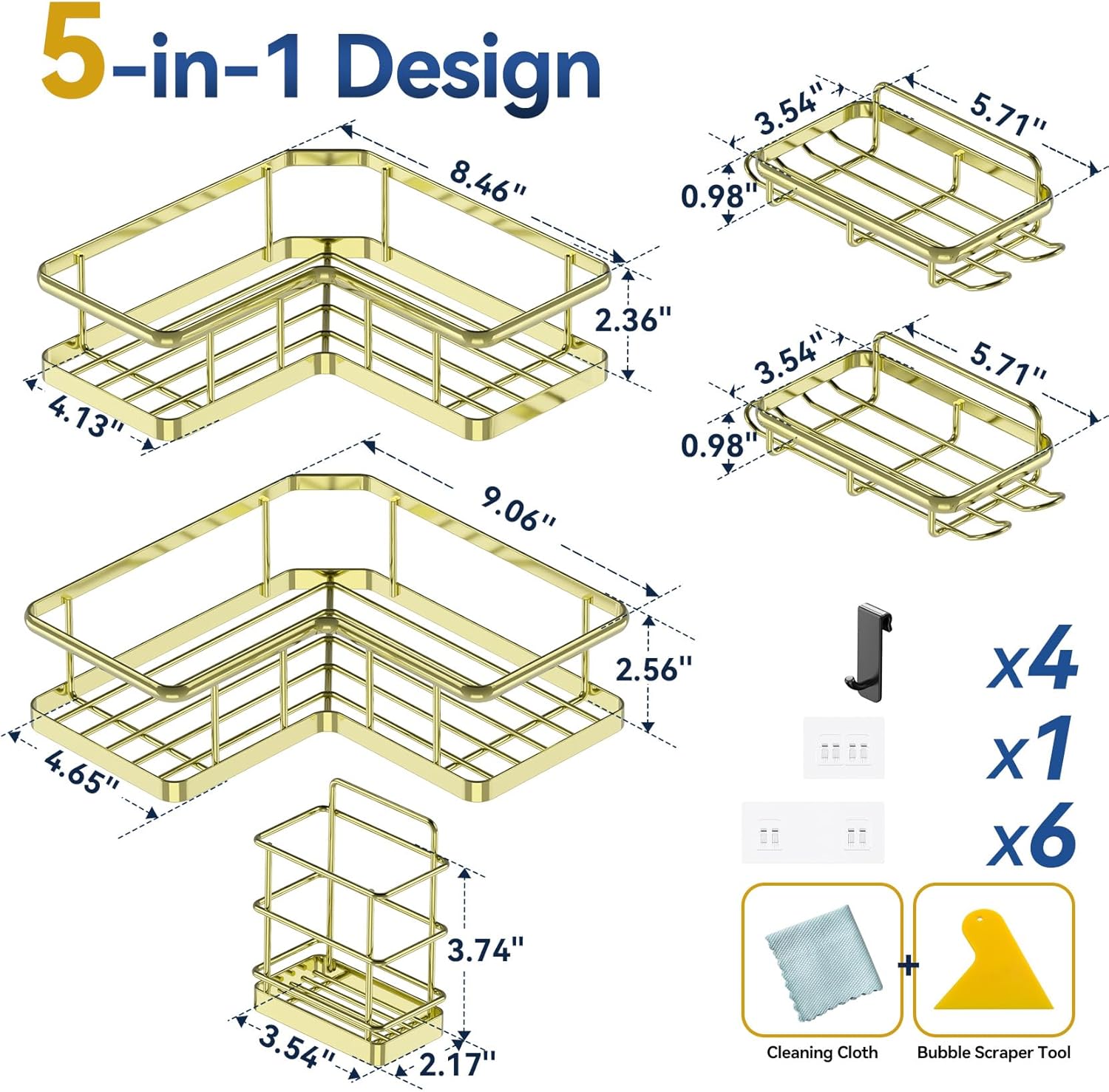 5-Pack Corner Shower Caddy Organizer - Rustproof Stainless Steel Shelves with Soap Holder & Hooks